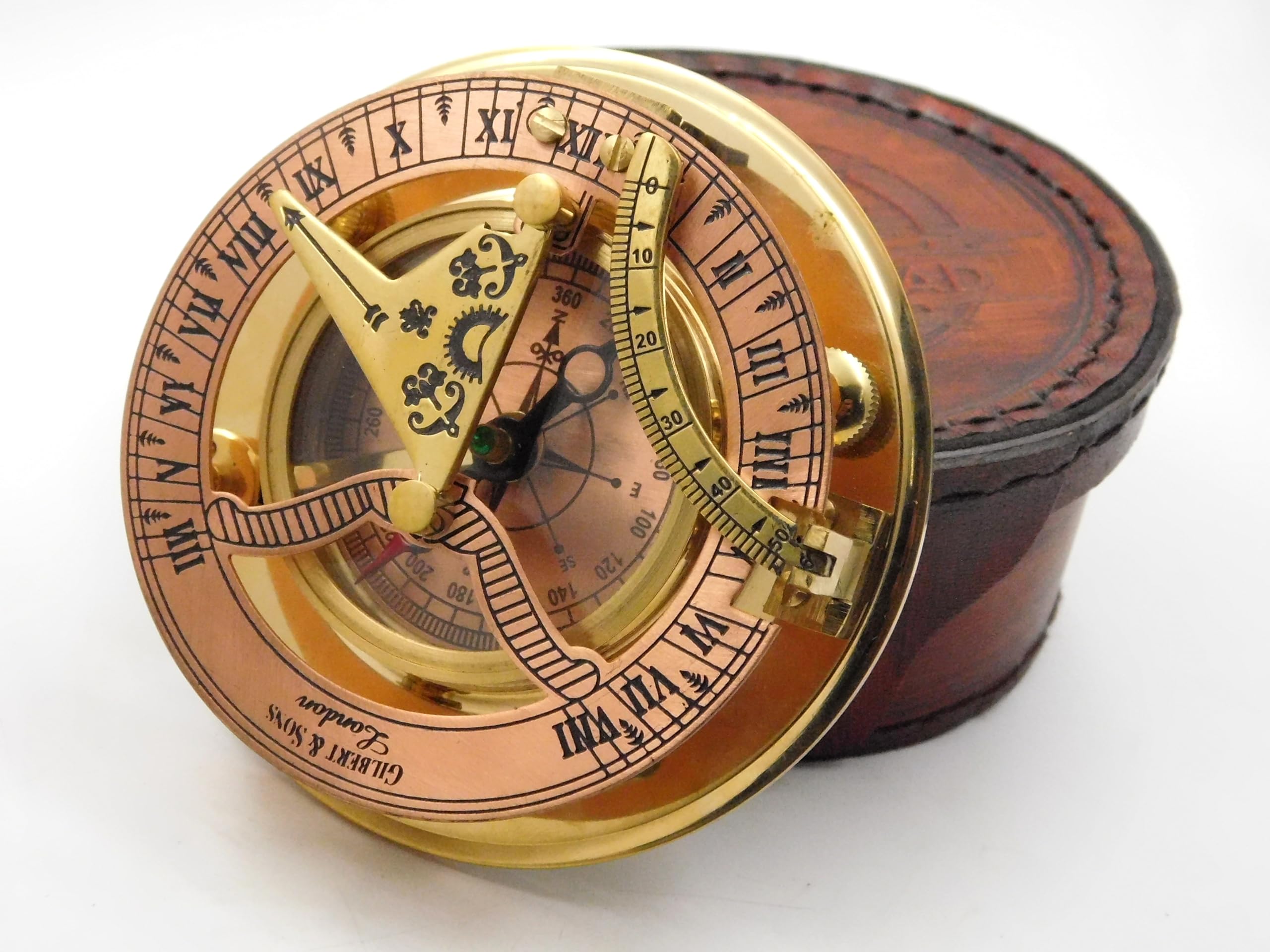 Boussole Sundial en laiton antique avec étui en cuir élégant
