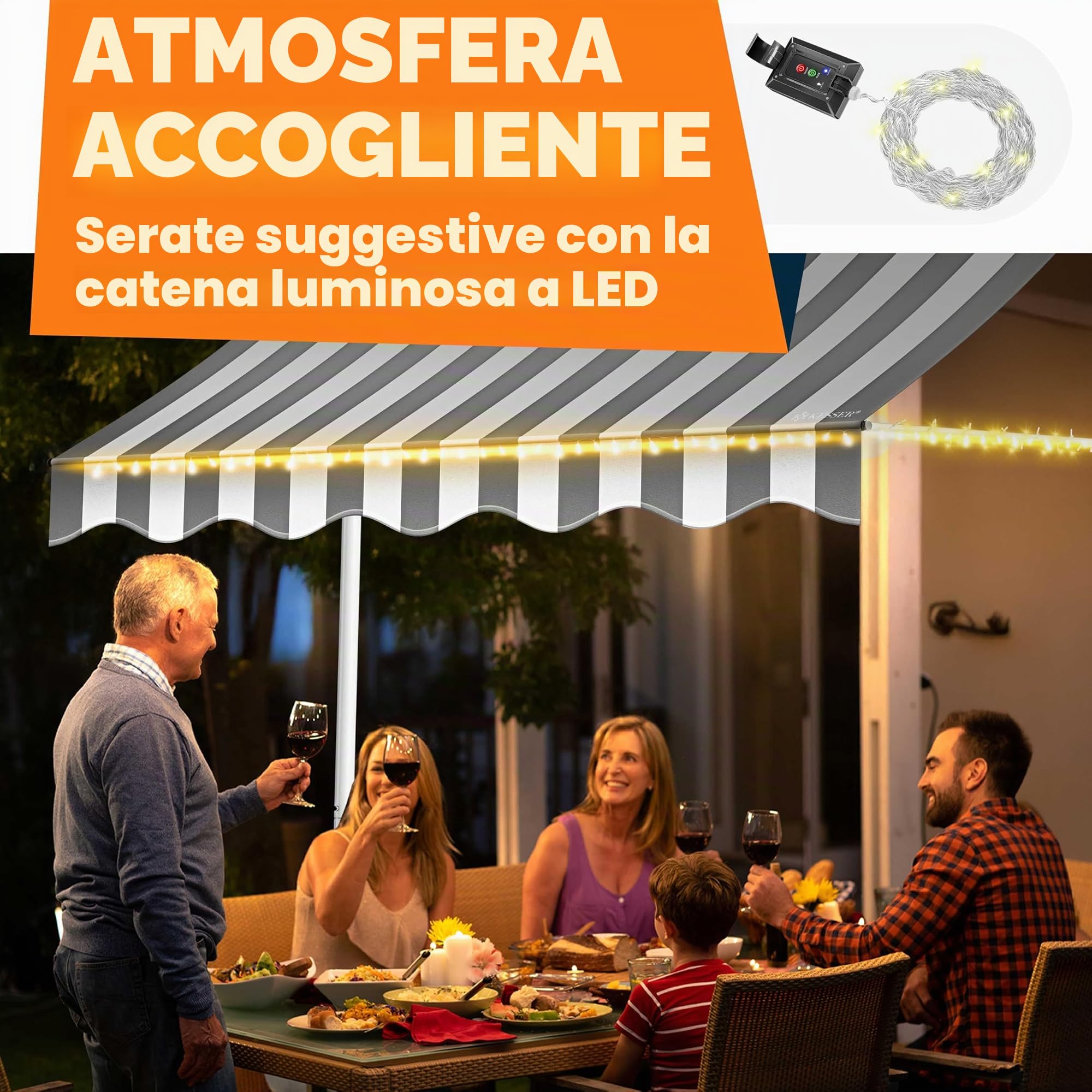 KESSER Tenda da sole con manovella e catena luminosa a LED, tenda da sole per balcone, tenda da sole senza fori, resistente ai raggi UV, regolabile in altezza e impermeabile, protezione solare per