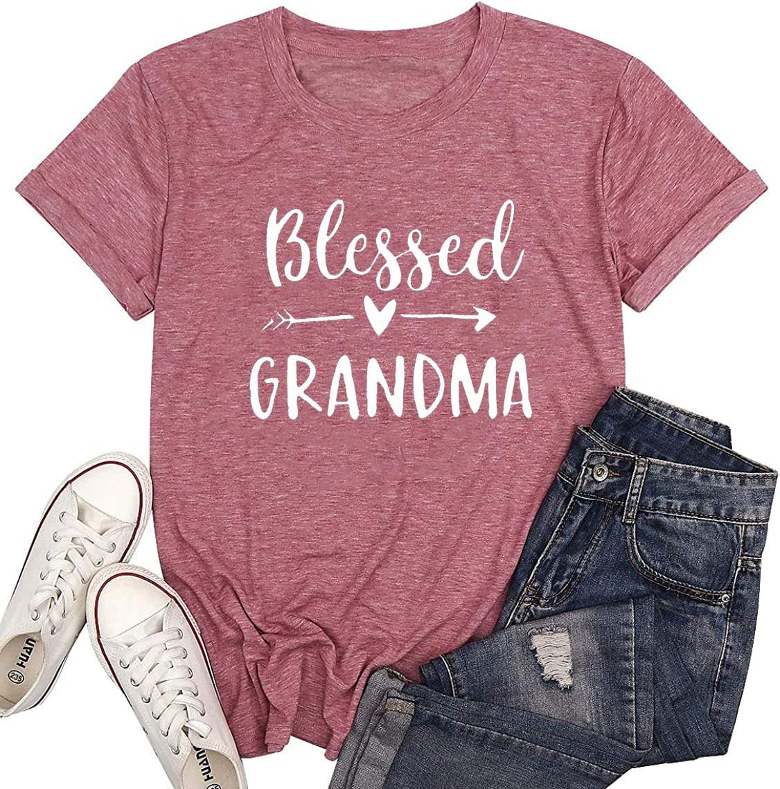 Blessed Grandma Shirt Funny Cute Graphic Tees Women Letter Print T-Shirt Casual Short Sleeve Tops XX-Large Red