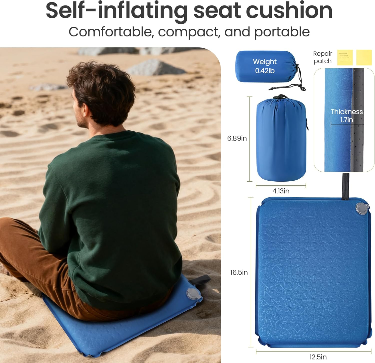 Inflatable Seat Cushion for Airplane Travel Waterproof Air Pad with Repair Kit and Storage Bag, Portable Office Car Stadium Hiking Seat Pad (15.75"x11.82")