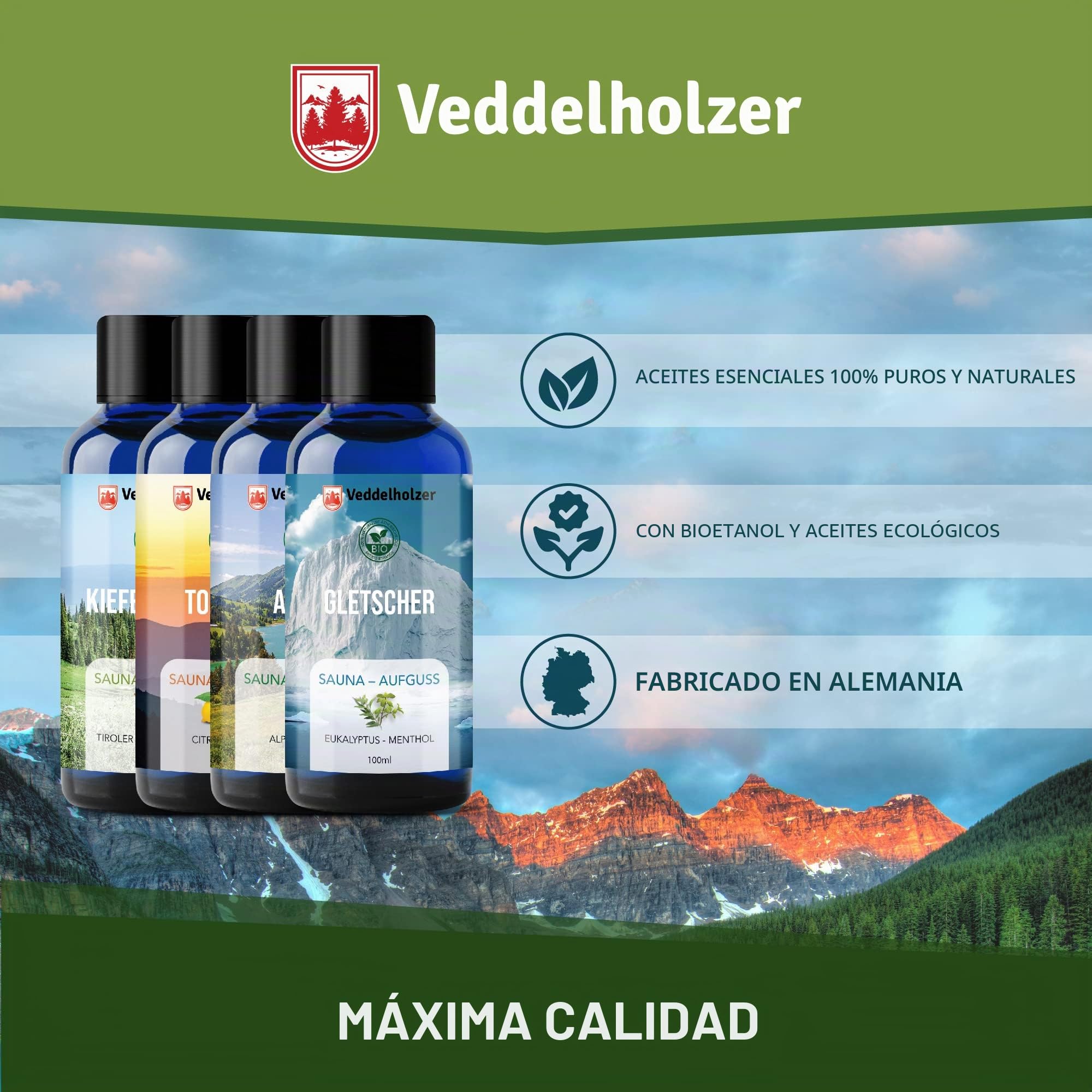 Veddelholzer BIO - Juego de infusión de sauna con aceites esenciales 100 % naturales 4 x 100 ml, diferentes aceites de sauna, aroma de sauna, accesorios de sauna como set de regalo todo en uno