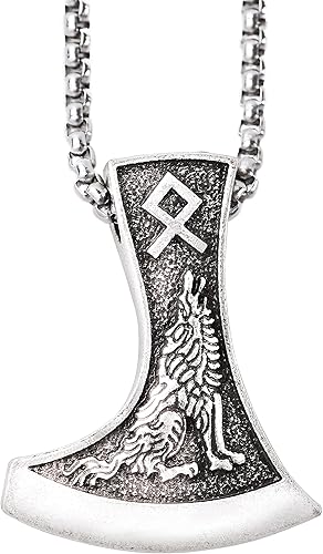 HAQUIL Viking Battle Axe Necklace, Norse Wolf Raven Axe Amulet Pendant, Viking Jewelry Gift for Men