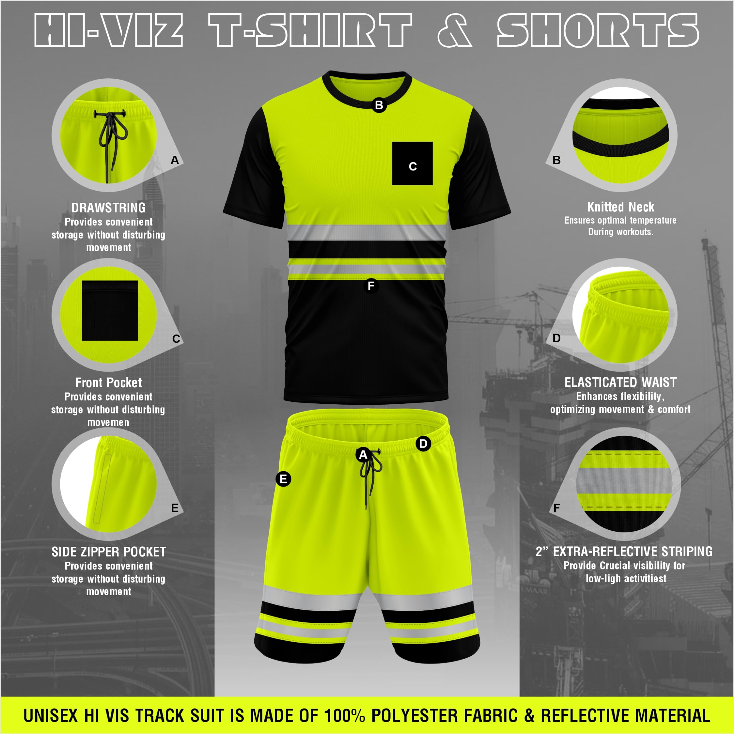 mymixtrendz Survêtement réfléchissant haute visibilité à manches courtes pour homme avec cordon de serrage et poches latérales sur la poitrine sur le devant - 2 pièces S/2XL