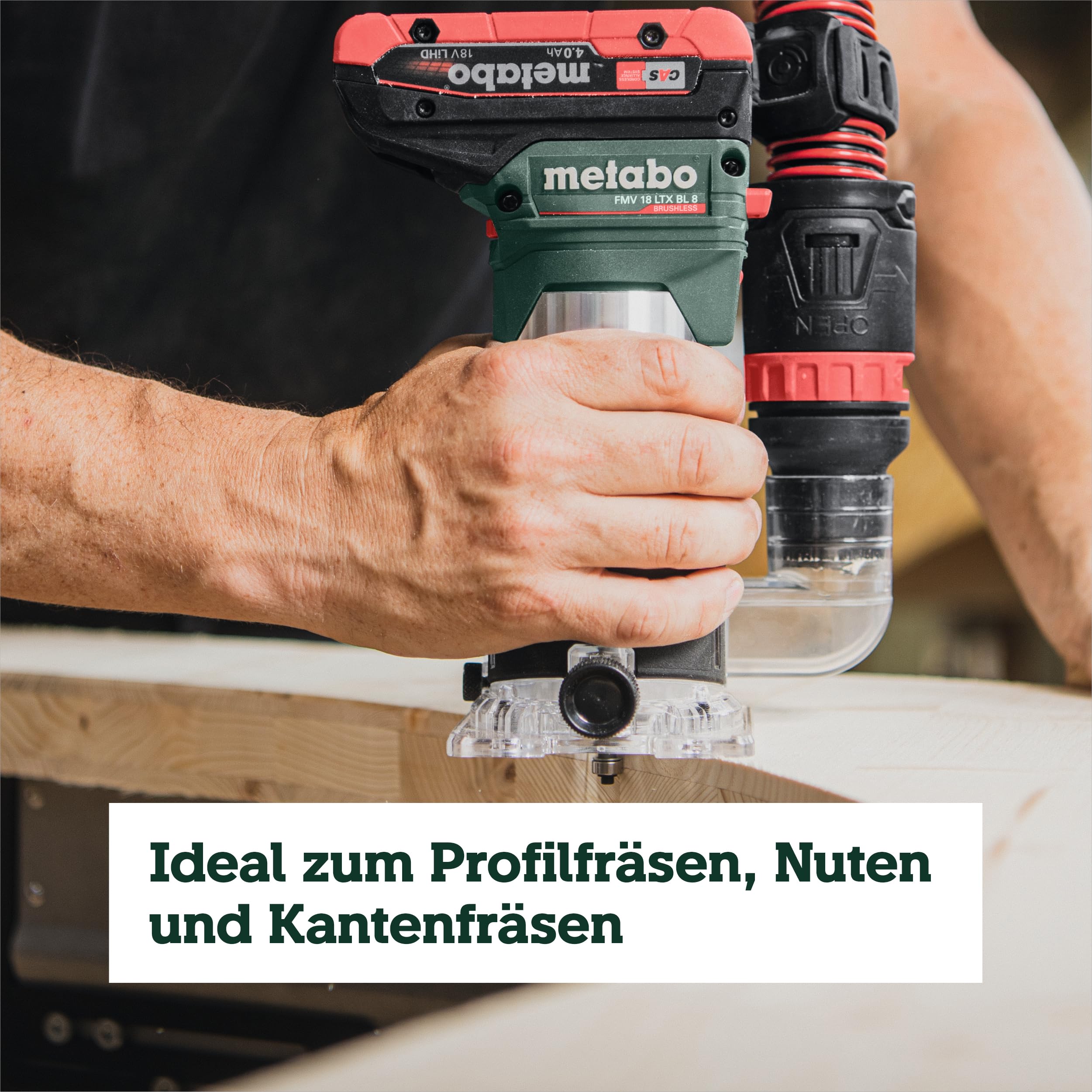 metabo FMV 18 LTX BL 8 Akku-Kantenfräse, Brushless-Motor, 6/8 mm Zangen | Variable Drehzahl 4800-29000 U/min, stufenlose Tiefeneinstellung, im Koffer metaBOX 145 L, ohne Akku und Ladegerät