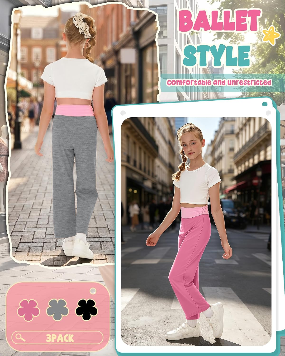 3 Pack Girls' Wide Leg Pants Summer Casual Yoga Baggy Sweatpants Flowy Kid Color Block Elastic Waist Joggers 5-14Y