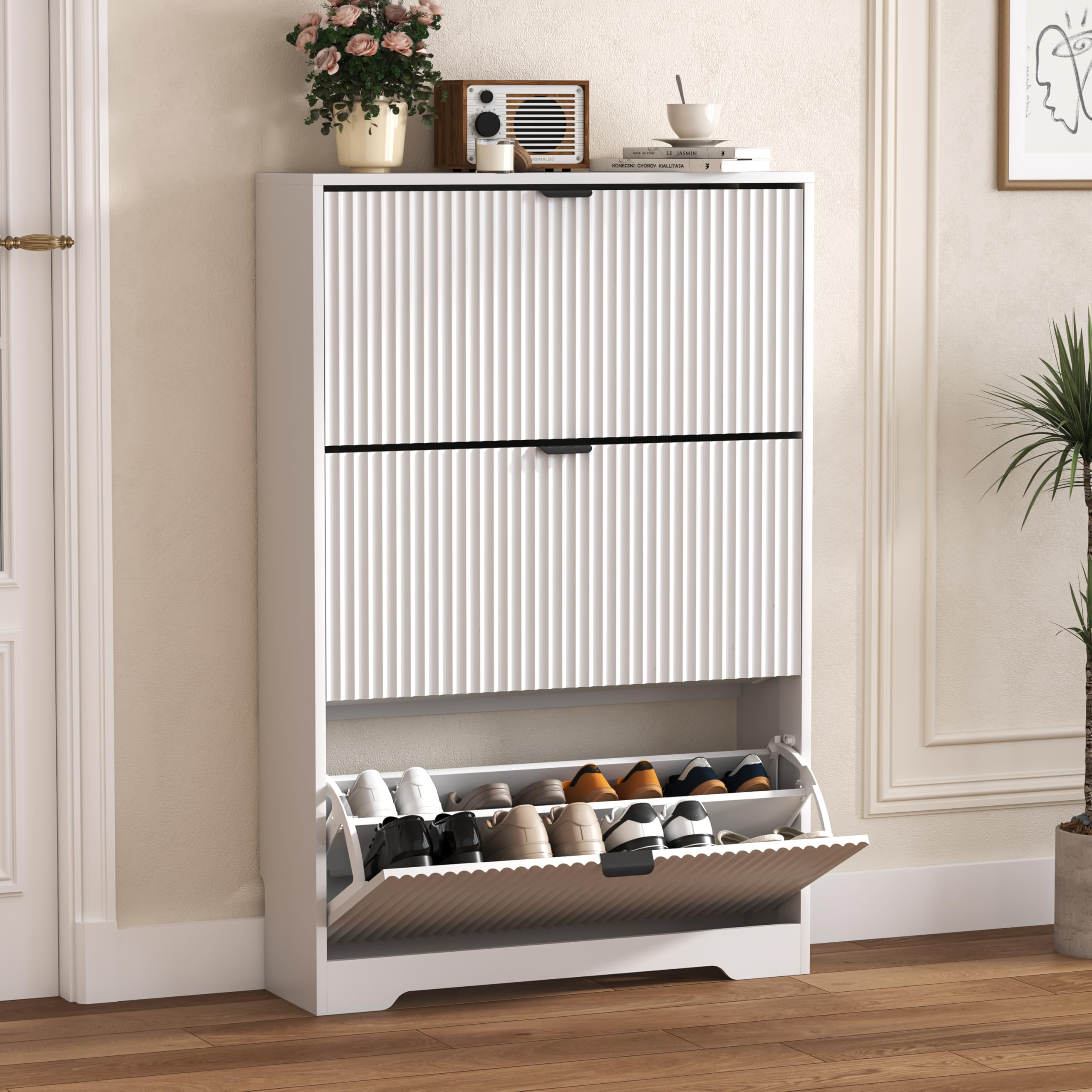 HUANLEGO Shoe Cabinet Storage for Entryway with 3 Flip Drawers, White Fluted Shoe Cabinet with Adjustable Shelves, Wooden Hidden Shoe Rack Freestanding Narrow Slim Shoes Storage for Hallway, Entrance