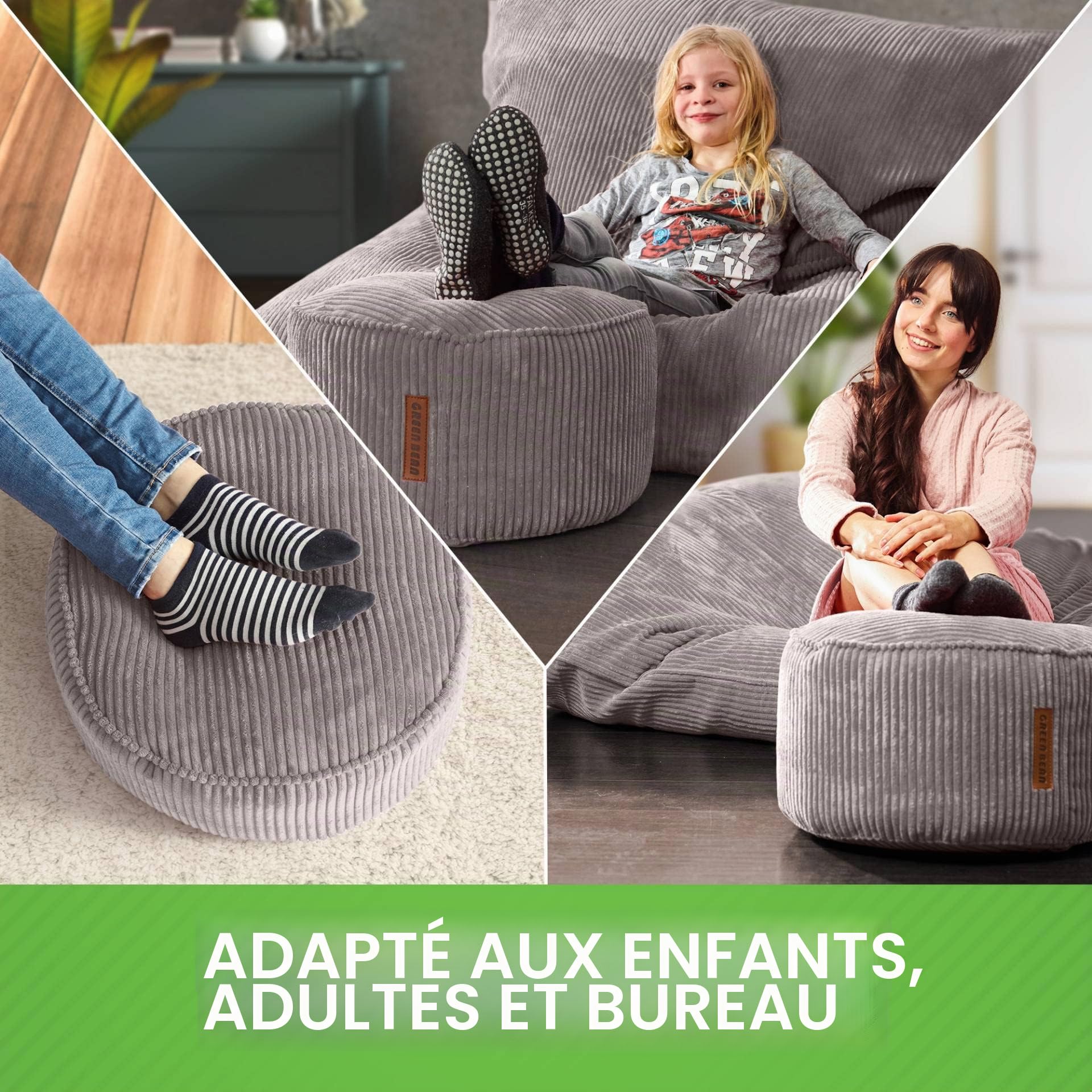 Green Bean© Indoor Pouf 45x25cm EPS-Perles de Remplissage & Tissu Velours côtelé Doux Lavable - Intérieur Coussin de Sol Coussin d'assise Pouf de détente Enfants Adultes Tissu Gris
