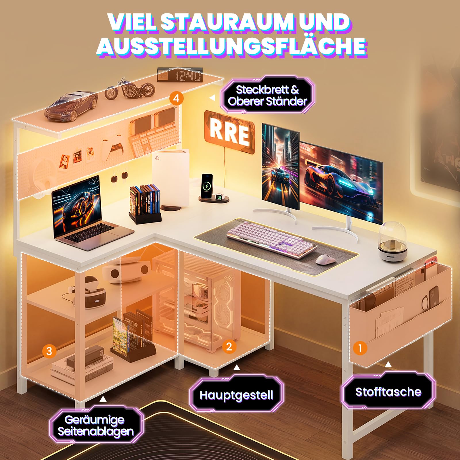 YOUDENOVA Scrivania Gaming a Forma di L, Tavolo Gaming con LED, Presa e USB, Scrivania ad Angolo Reversibile con Ripiano, 120x80cm Tavolo Computer con Portaoggetti per Home Office e Gamer, Bianco