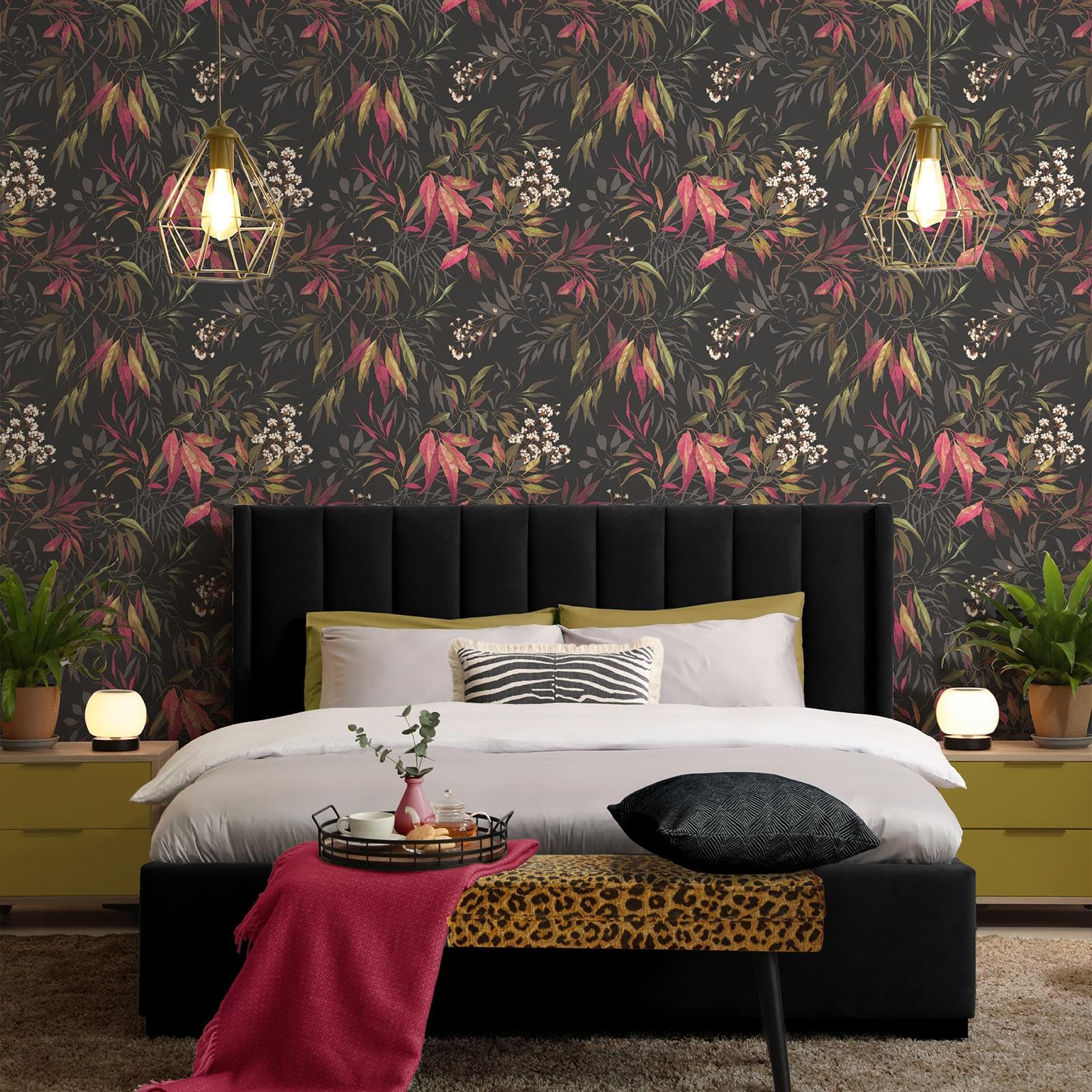 Sophie Laurence Charcoal Pink Leaf Wallpaper Botanical Black And Teal Feature Wall Design Luxury Modern Nature Pattern For Lounge, Bedroom, Or Living Room Decor 10M X 0.53M