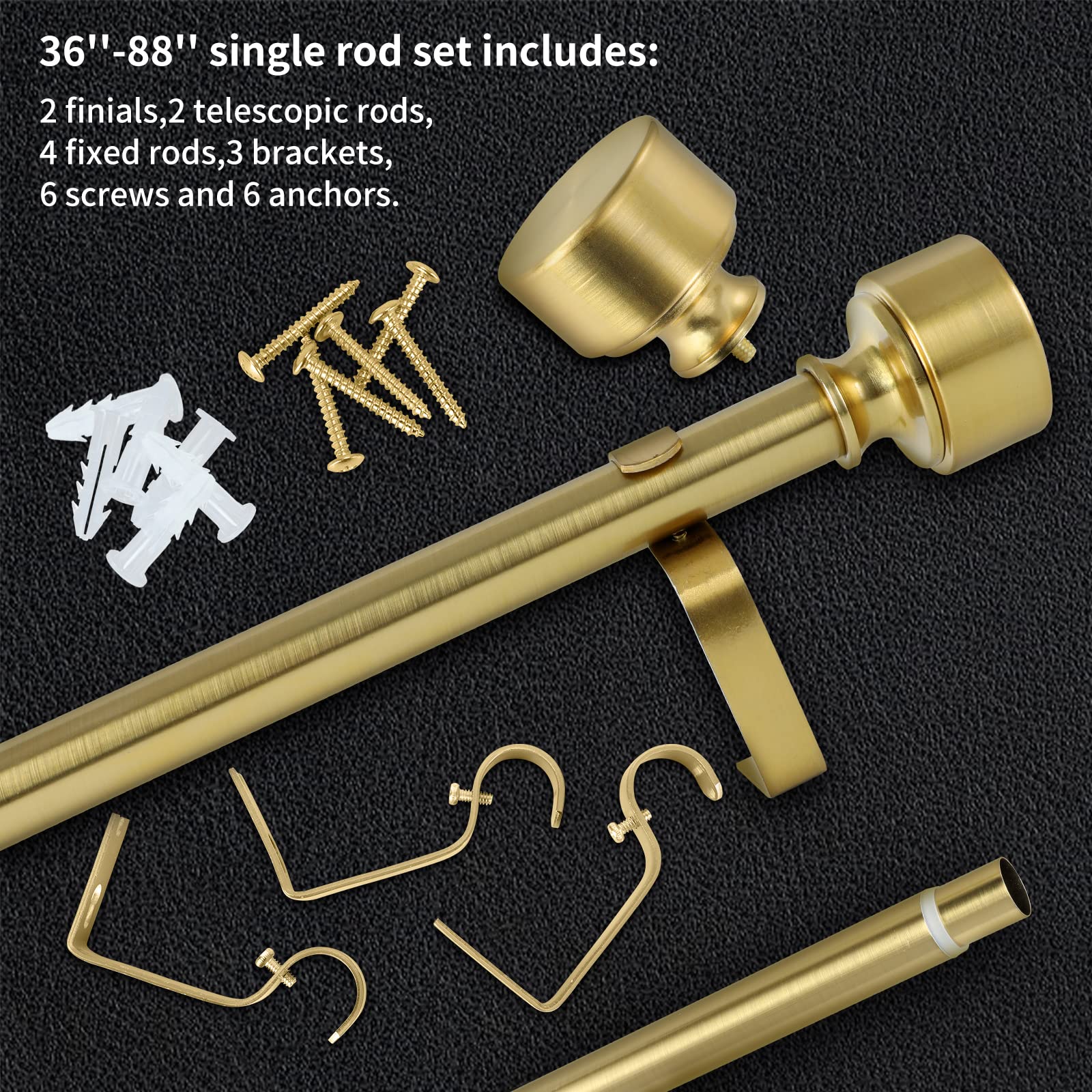 Gold Curtain Rods for Windows 48 to 84 Inch(4-7ft),Noble Metal End Cap Curtain Rods,1 Inch Diameter Heavy Duty Curtain Rod,Adjustable Drapery Rods,Telescoping Window Curtains Rod 36-88",Brushed Gold
