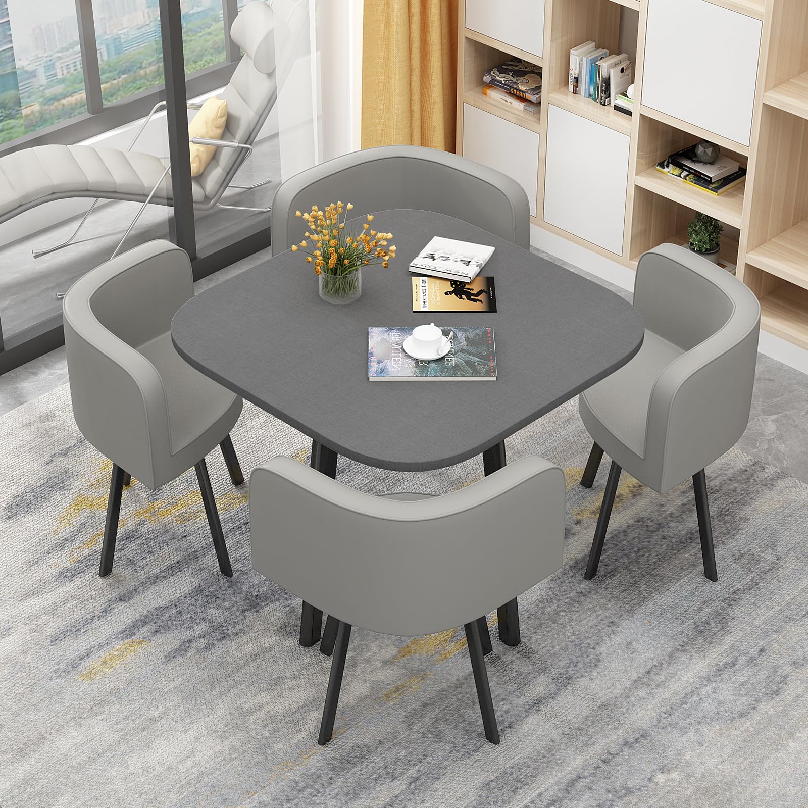 OLSKFUH Modern Round Dining Table Set With 4 Chairs For Business Meetings And Office Conference Small Round Coffee Table And Chair Combination Pu 6,Pu-28-80 * 80 * 73cm