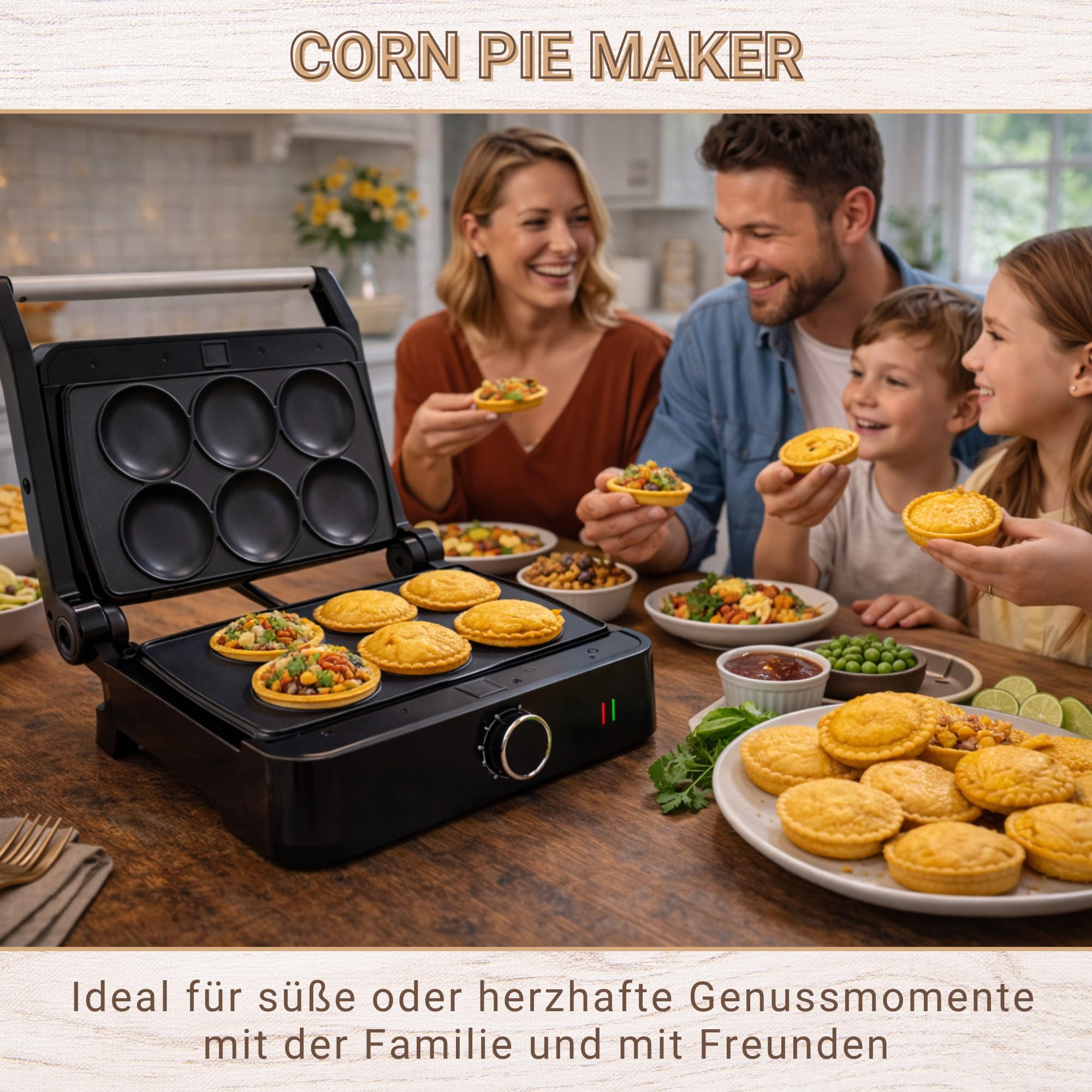 Syntrox SM-1000W Toledo Corn Pie Maker elektrisch – Snack Bäcker für gefüllte Teigtaschen – Antihaft Corn Pie Platten – schnelles Aufheizen – kompakter Küchenmaker