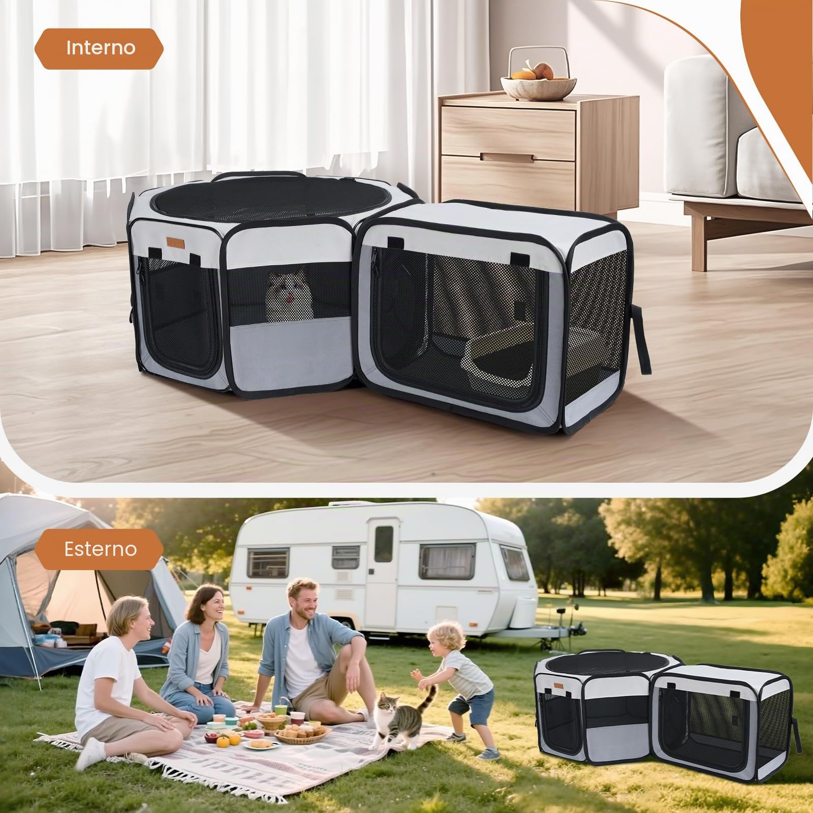 Recinto per Gatti da Interno - 120 cm x 40 cm Portatile, Recinto Gatti 2 in 1 per Interno ed Esterno, Ideale per Cuccioli e Piccoli Animali, Box per Cat con Borsa Trasporto