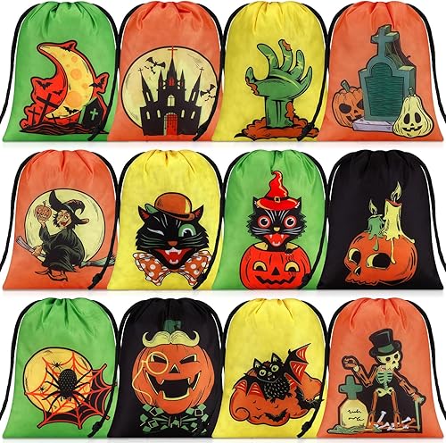 24 bolsas con cordón para recuerdos de fiesta, bolsas de regalo temáticas de Halloween a granel con cordón de calabaza, fantasma, caramelos, bolsas