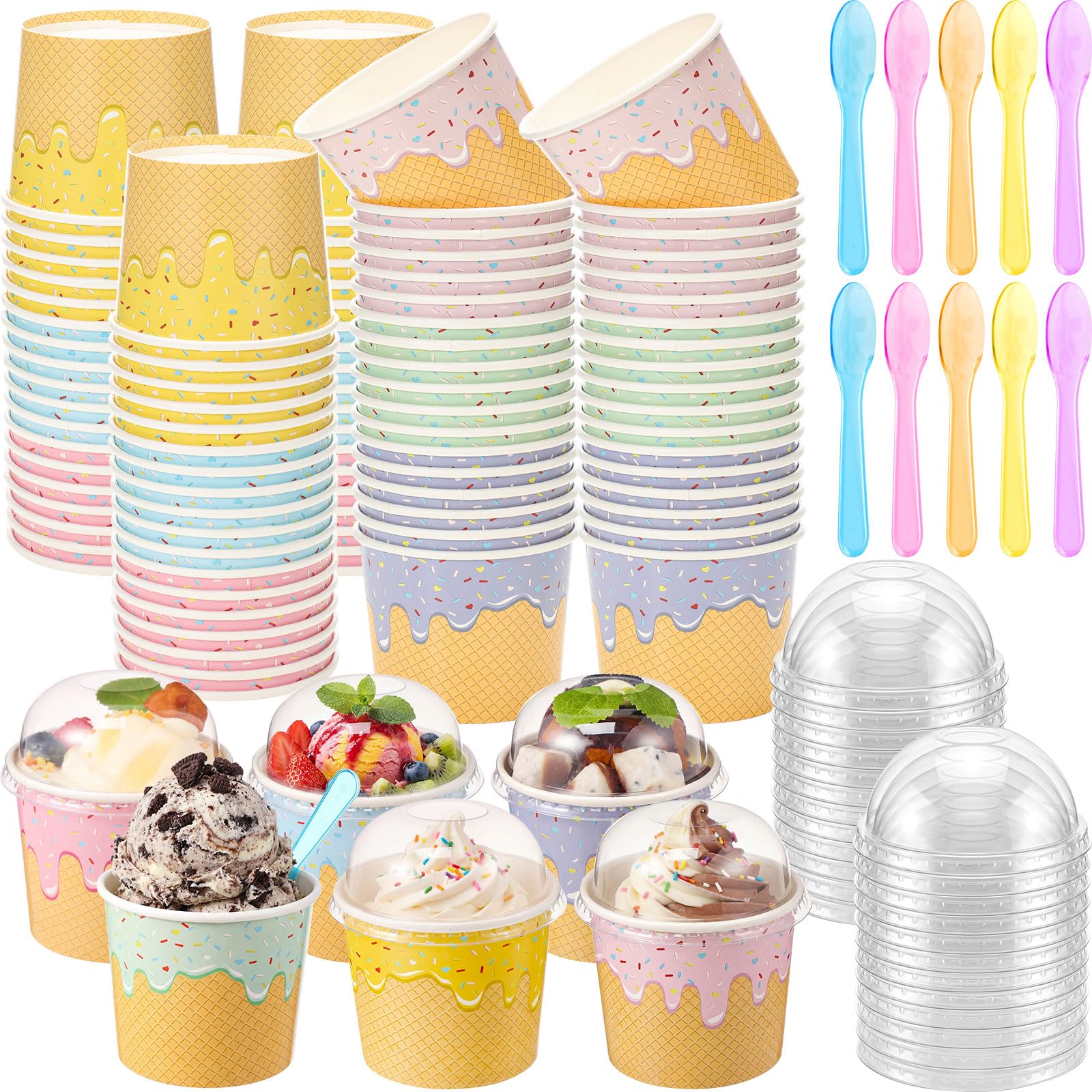 Jingmore 60 Set 4oz Ice Cream Paper Cups with Lids and Spoons | Paper Ice Cream Bowls for Yogurt Dessert Snacks, Sundae Bar Party Supplies, Waffle Cone Design with Dome Lids and Spoons