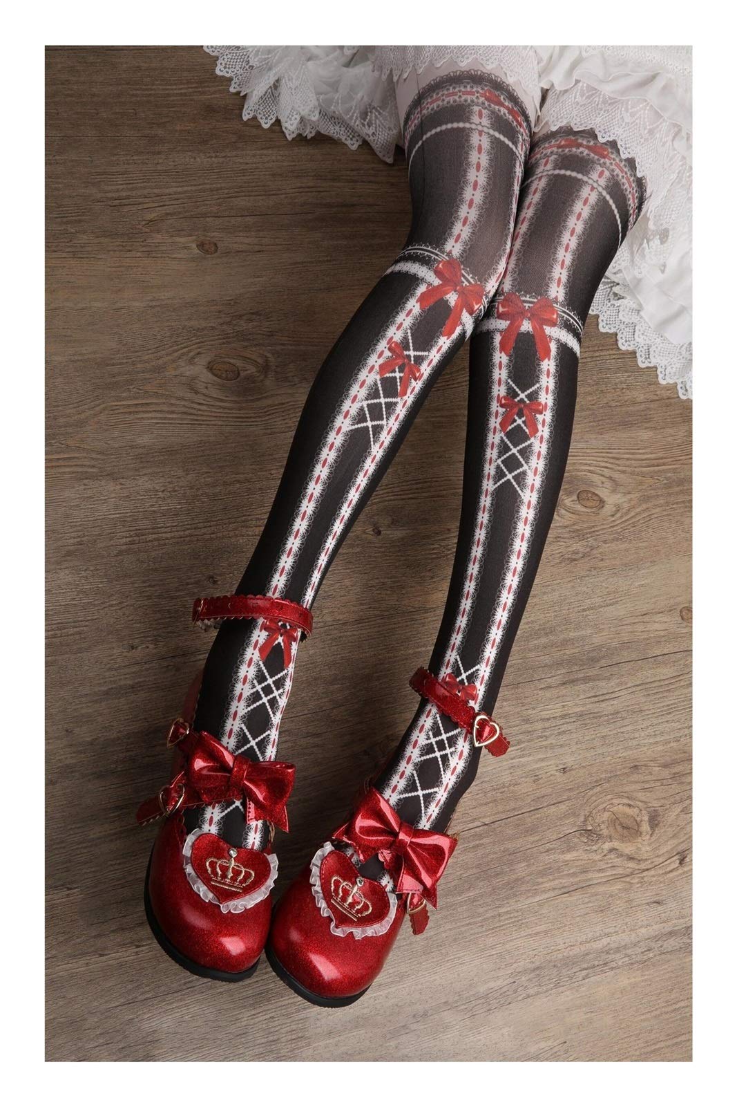 Ribbon Socken Lolita Socken Lo Socken Spitze Strumpfhosen Warm (Color : Black Red, Size : One Size)