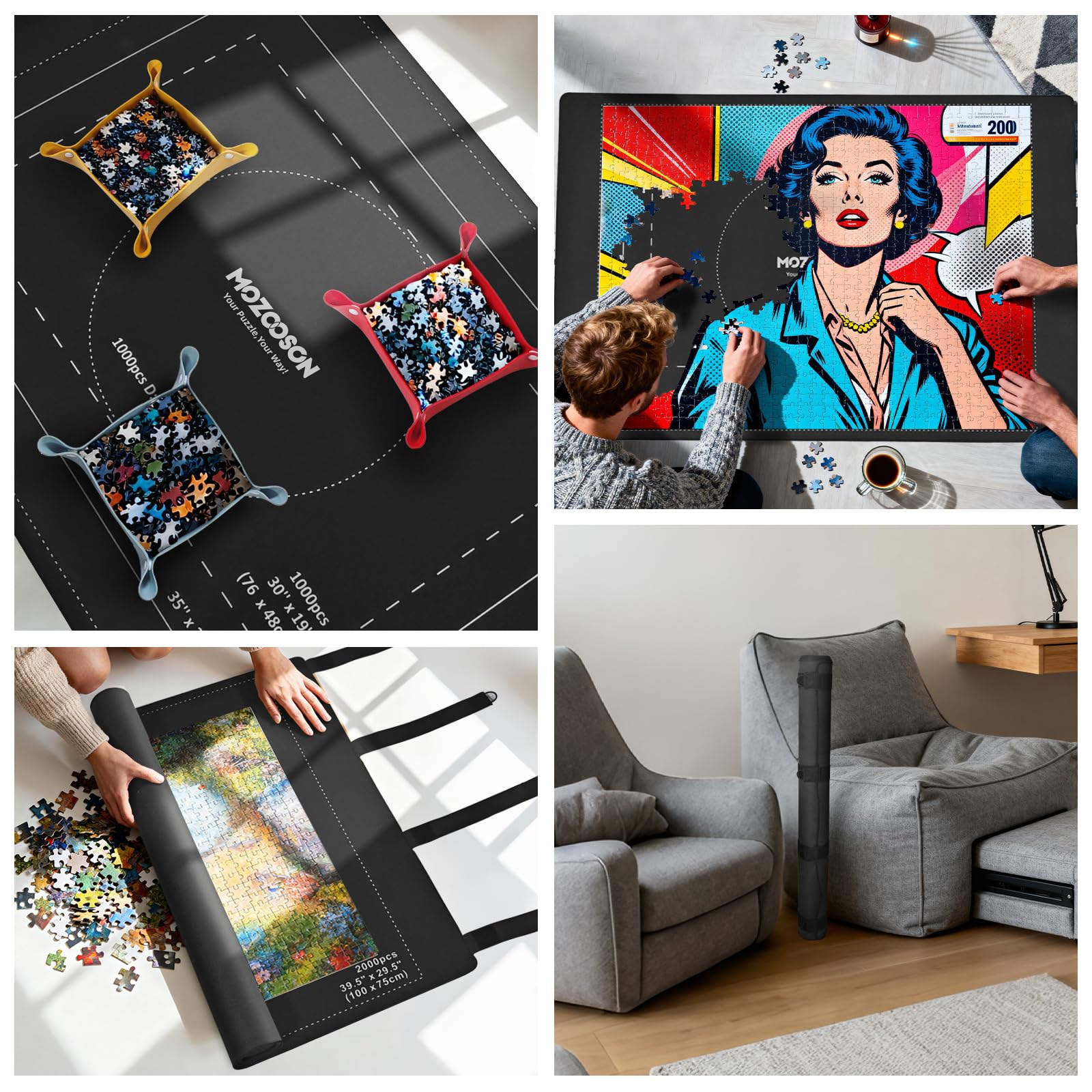 MOZOOSON Zwijana mata do puzzli 2000 sztuk - kompletny zestaw z 8 tackami, etui na prezent - gumowa mata 80 x 120 cm do przechowywania i transportu, na 1000/1500/2000 sztuk
