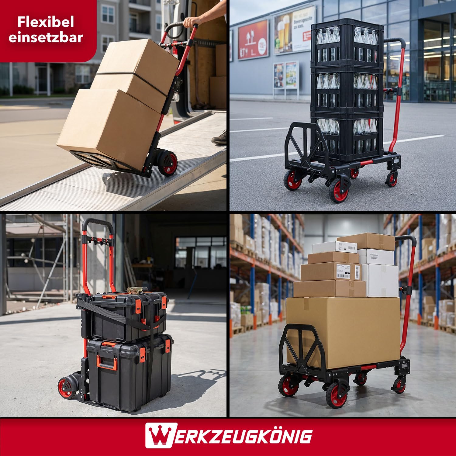 2-in-1 Transportwagen klappbar - Sackkarre & Plattformwagen | Flexibler Allrounder für Umzug, Einkauf & Logistik mit höhenverstellbarem Griff, bis 150 kg Tragkraft und inkl. Expanderseil