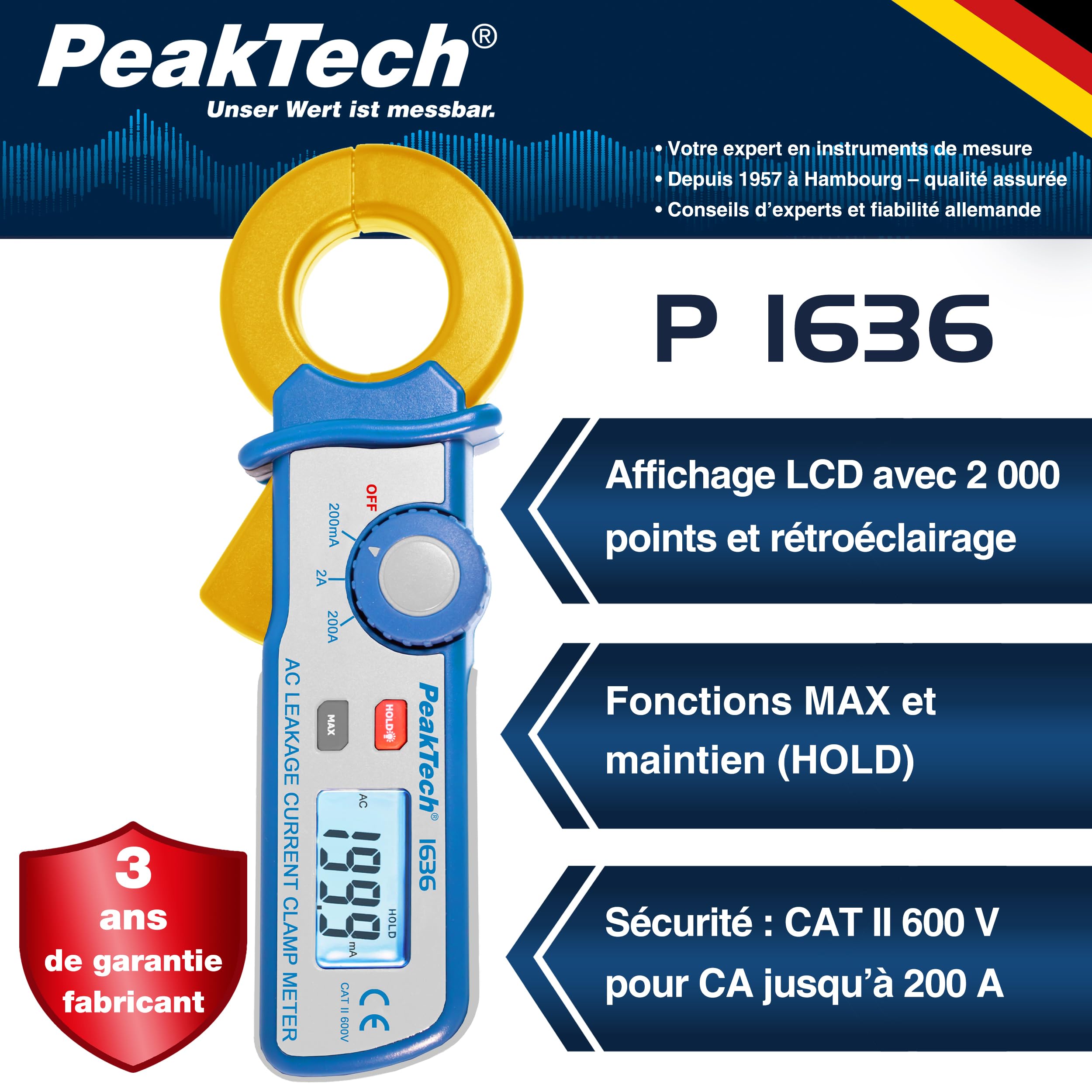 PeakTech 1636 Pince Ampèremétrique de Courant de Fuite AC jusqu’à 200A, Résolution 100 µA, Écran LCD, CAT II 600V, Mesure Précise