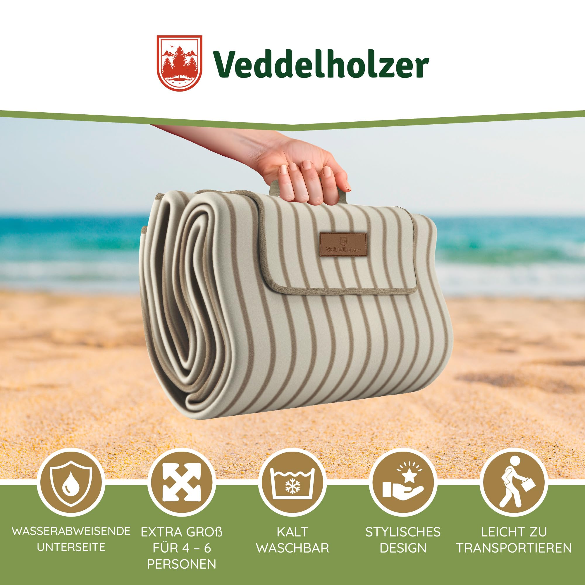 Veddelholzer 200 x 200 cm Beach Picknickdecke wasserdicht, sandfeste Stranddecke XXL isoliert & gepolstert Ideal für Outdoor, Camping, Strand, Park, Festival & Picknick Einfach faltbar & waschbar