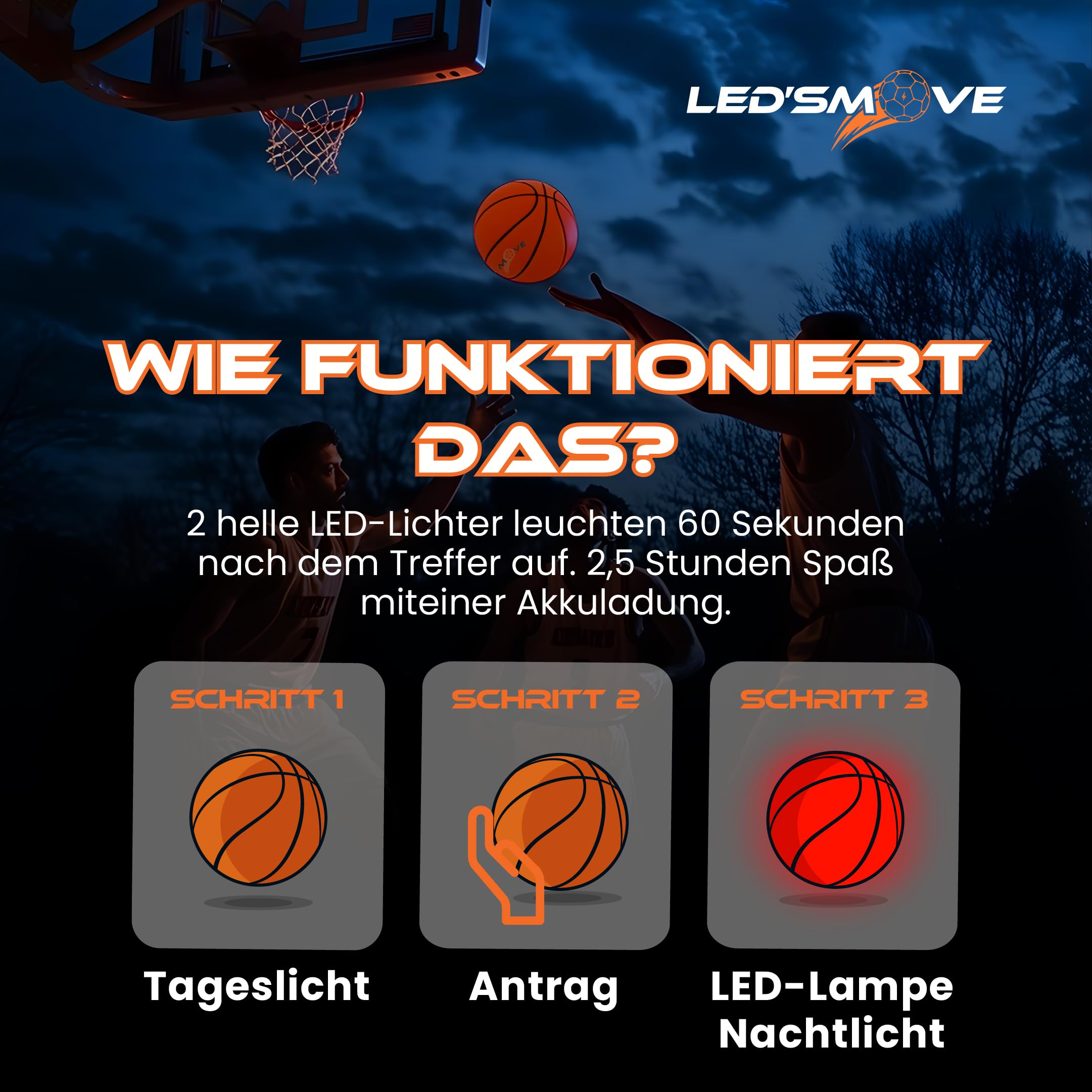 LED'S Move LED Leuchtender Basketball Outdoor Größe 7, leuchtende Spiele im Dunkeln, Leucht Ball Indoor and Outdoor Größe 7 USB Wiederaufladbar