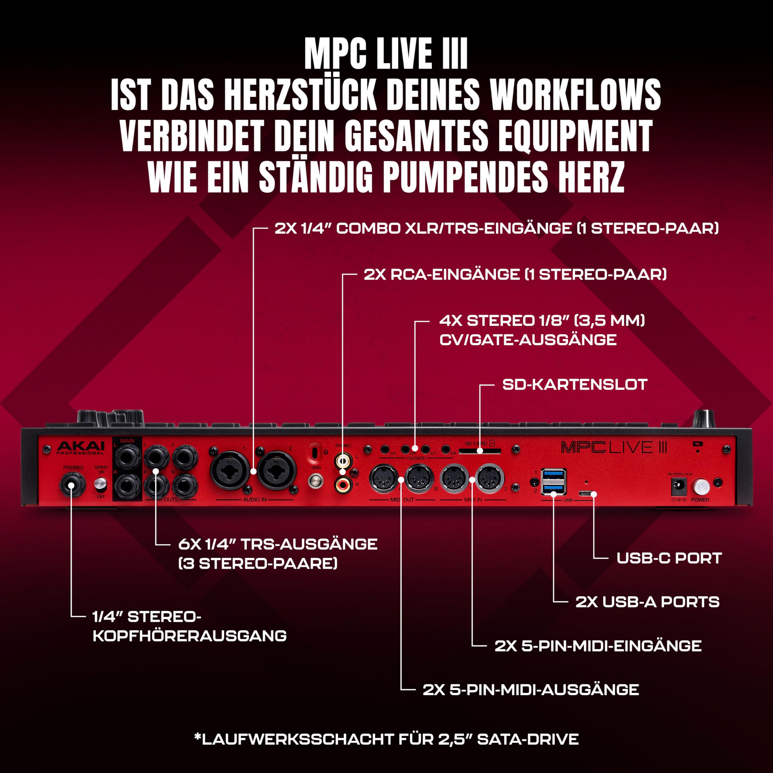 Akai Professional MPC Live III tragbares Musikproduktions-Center | Standalone, MPCe Pads, Touchscreen, Stereo Lautsprecher, Mikrofon, Akku, Bluetooth, WLAN