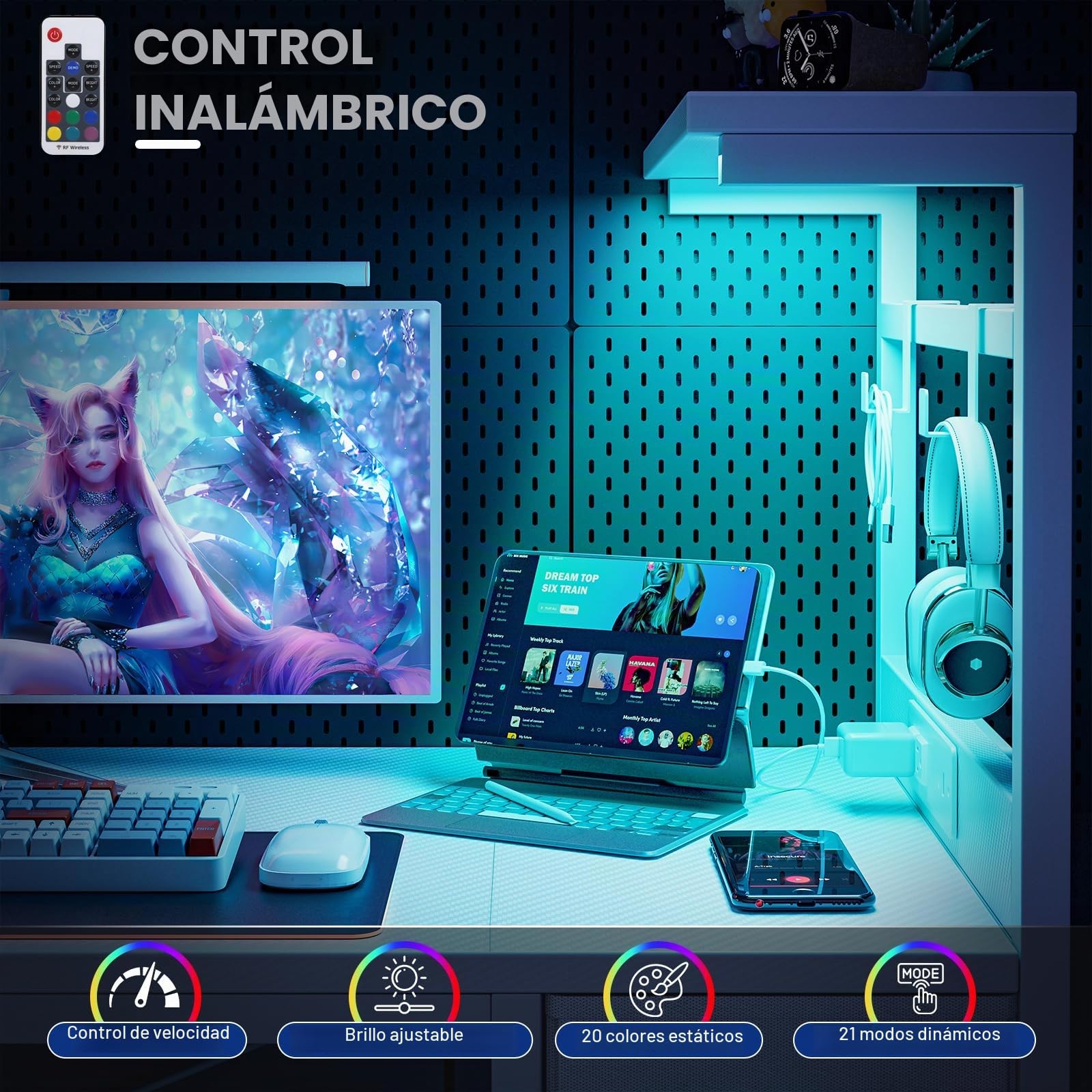 Grandder Escritorio Gaming 120x50 cm con Enchufe LED RGB Estantes Abatibles Cajón Organizador para PC Portátil Hogar/Oficina Incluye Bolso Fibra Carbono Negro