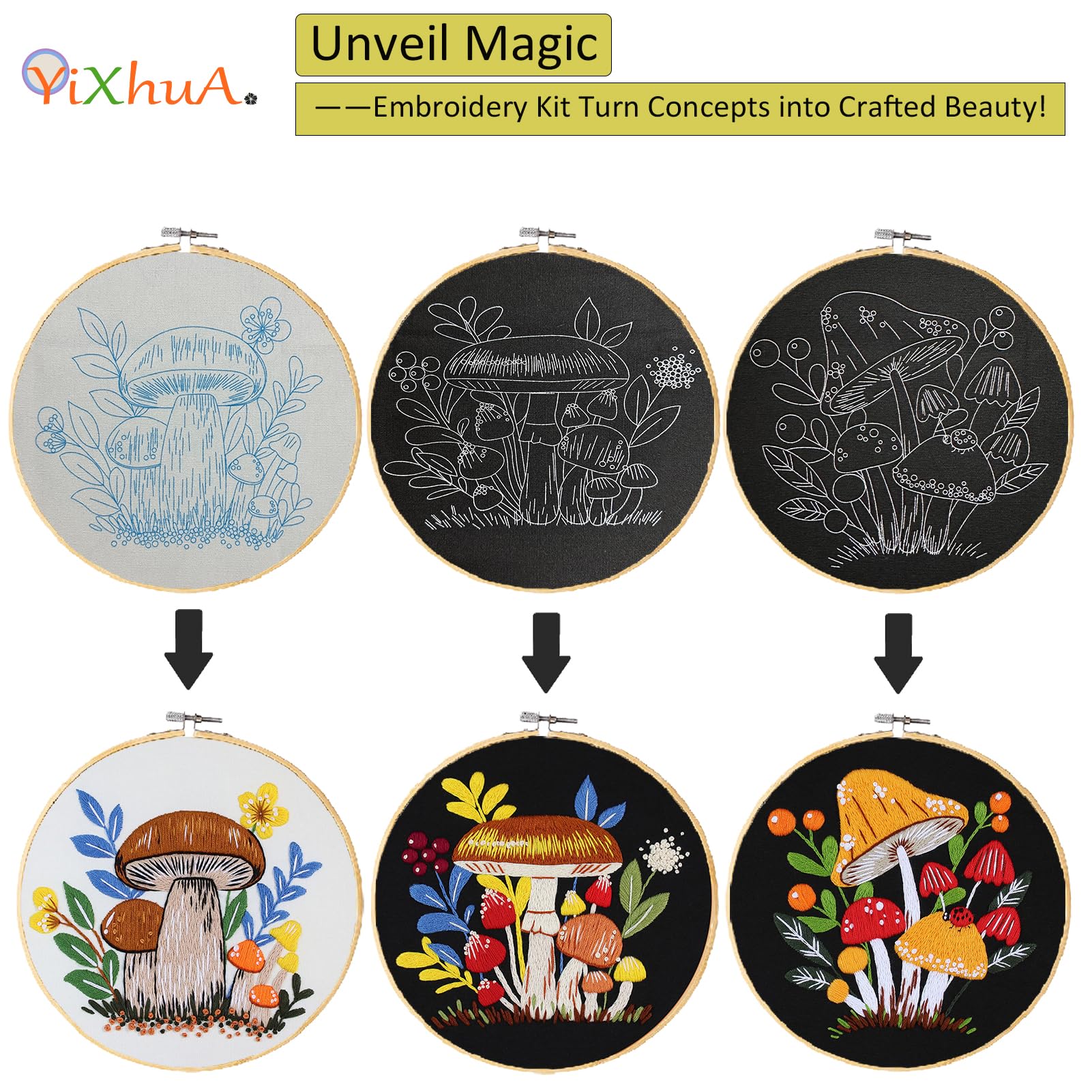 Amazon.co.jp: Yixhua 3セット キノコ刺繍キット 初心者用 クロス