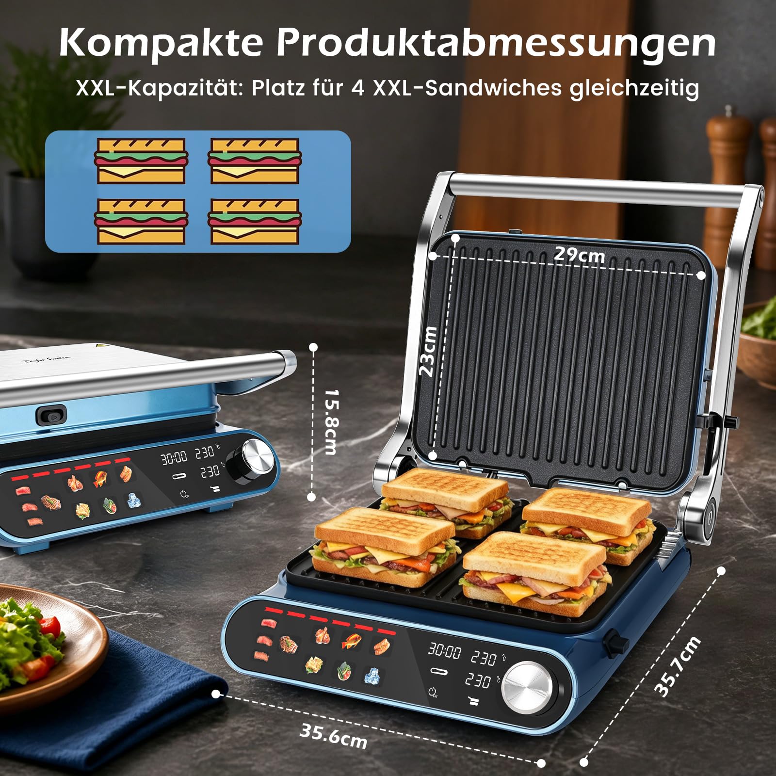 Taylor Swoden XXL Kontaktgrill 3-in-1 mit Intelligenter Dickenerkennung & Separater Temperaturregelung, 9 Programme, Abnehmbare Grillplatten Spülmaschinenfest, 180° Tischgrill für 6-8 Personen