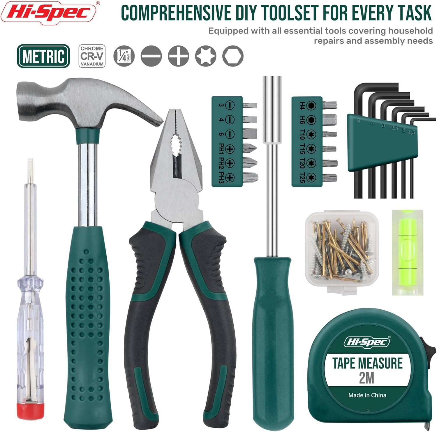 Hi-Spec Small Tool Kit Compact Set for Home and Office DIY, 25-Piece Green Mini Tool Box for Basic Household Repairs, Starter Toolkit in a Portable Toolbox Case.