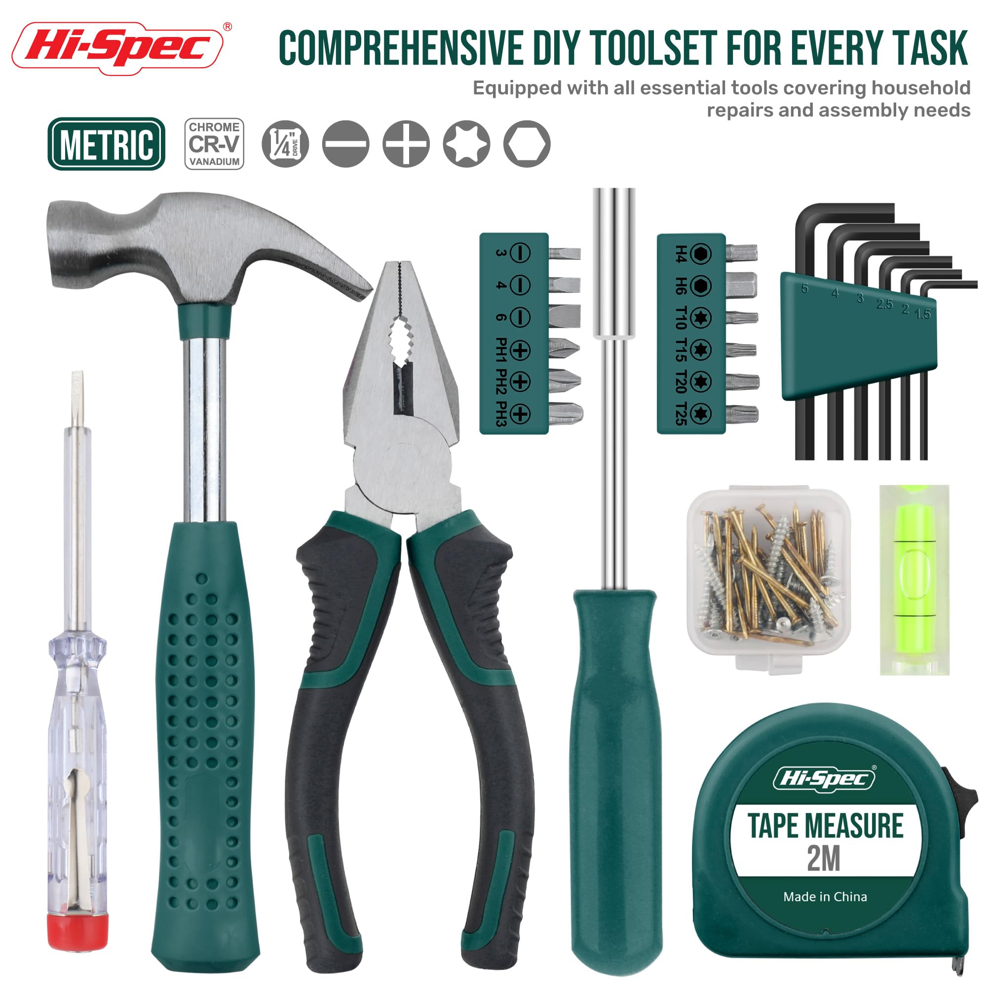 25pc Green Small Compact Hand Tool Kit Set for Home & Office DIY. Household Basic Toolkit Starter Repairs in a Portable Tool Box Case - Image 2