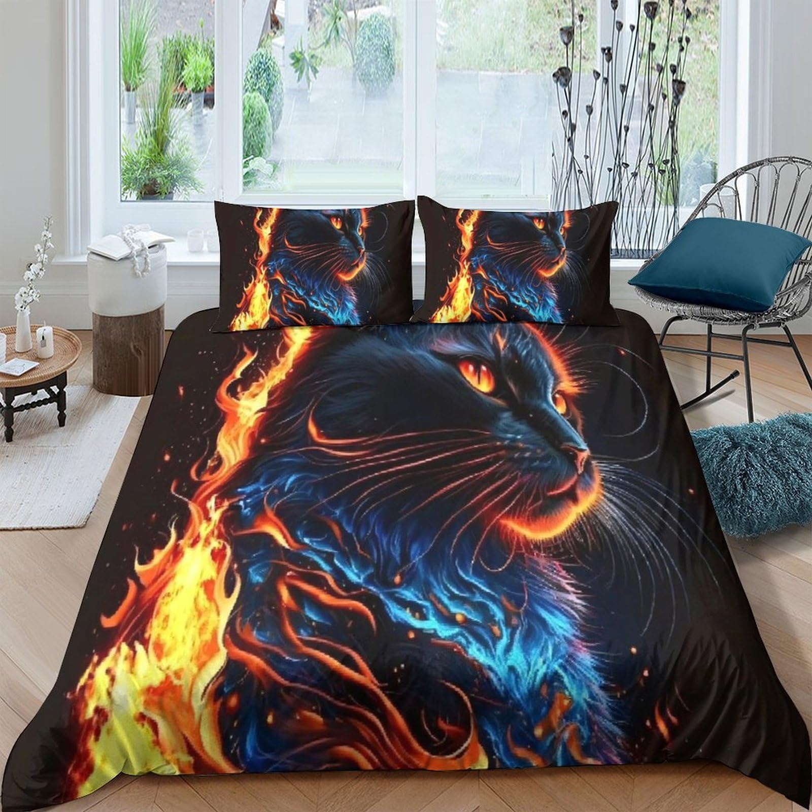 GPLZQXKJNH 3D Printed Fire Dragon Duvet Cover Microfiber Soft Breathable Blue Flame Quilt Cover with 2 Pillowcases for Bedroom Decor Single（135x200cm）