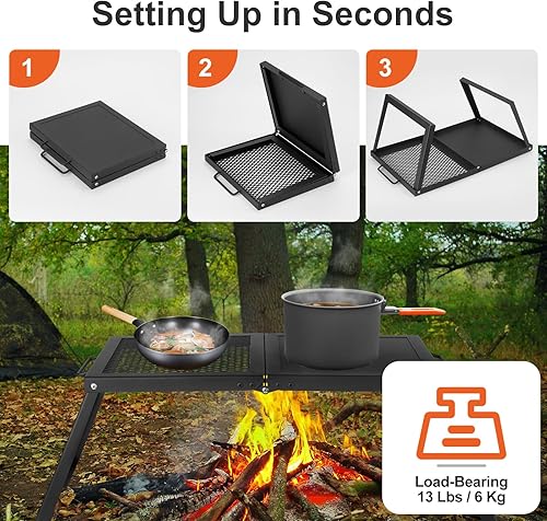Miniatura 4 de Odoland Parrilla plegable para fogata, rejilla de malla de acero resistente con patas plegables y bolsa de almacenamiento, rejillas de camping