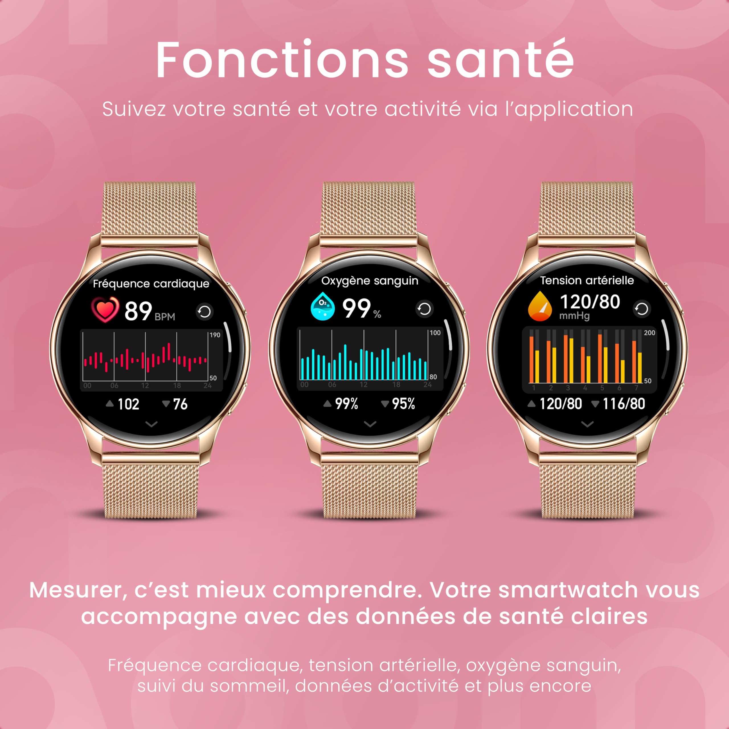 maoo Montre connectée Ventura pour Femme avec Fonction d’Appel, écran AMOLED 1,32 Pouce, cardiofréquencemètre, SPO₂, tensiomètre, Plus de 100 Modes Sport, étanche IP67, 5 Bracelets Inclus (Or Rose)