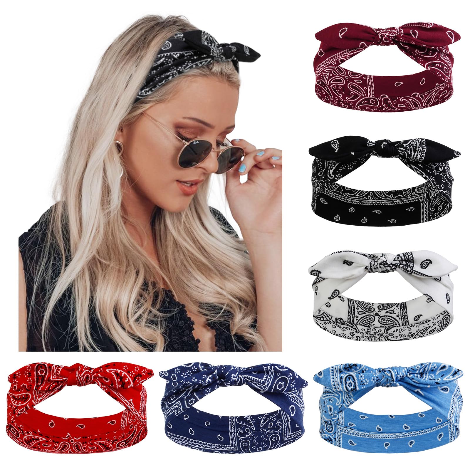 AIBFRID Opaski na głowę z kokardą dla kobiet dziewcząt boho bandana z nadrukiem paisley opaski na głowę do włosów damskie antypoślizgowe urocze wiązane damskie opaski do włosów opaski na głowę turban