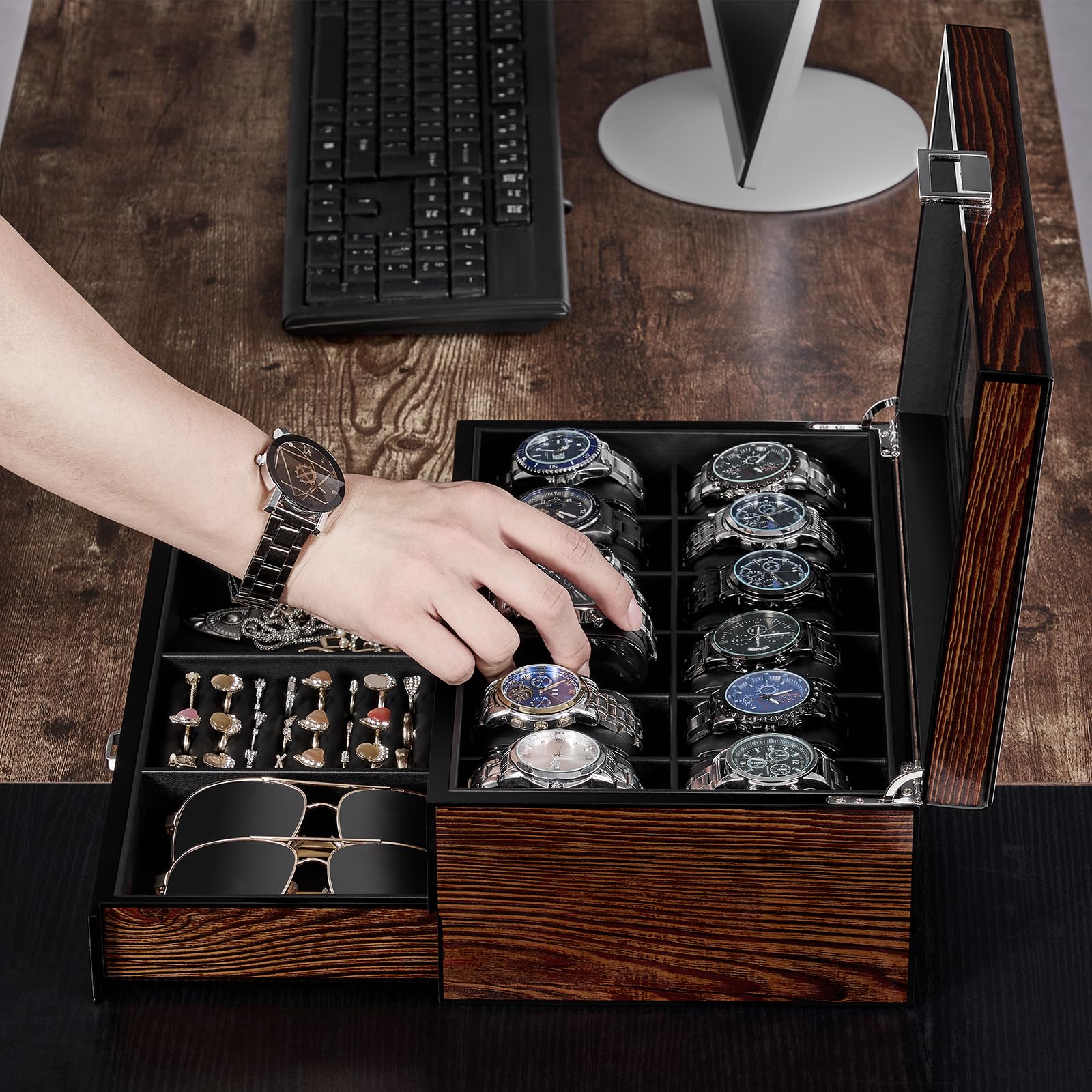 BEWISHOME Caja para 12 relojes de lujo con tapa de cristal y bisagra de metal, marrón