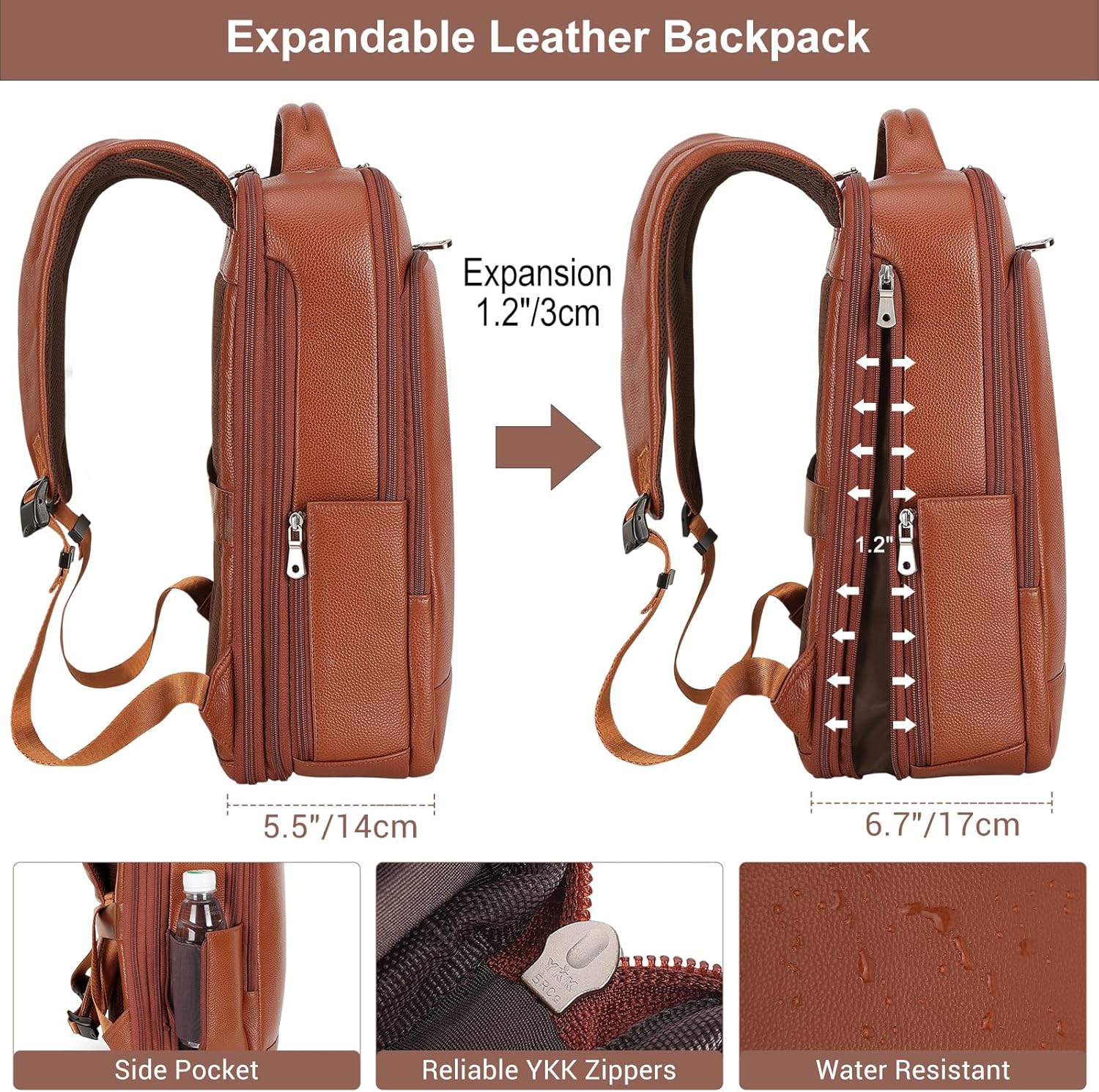 TIDING Expandable Leather 15.6" Laptop Backpack for Men Women, TSA Friendly Business Travel Rucksack Slim Work Casual Daypack - Image 5