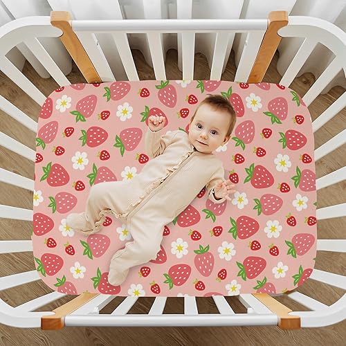 Miniatura 2 de Sábanas bajeras ajustables para cuna, sábanas portátiles elásticas y transpirables para cuna de fresas rosadas, colchón de mini cuna transpirable y
