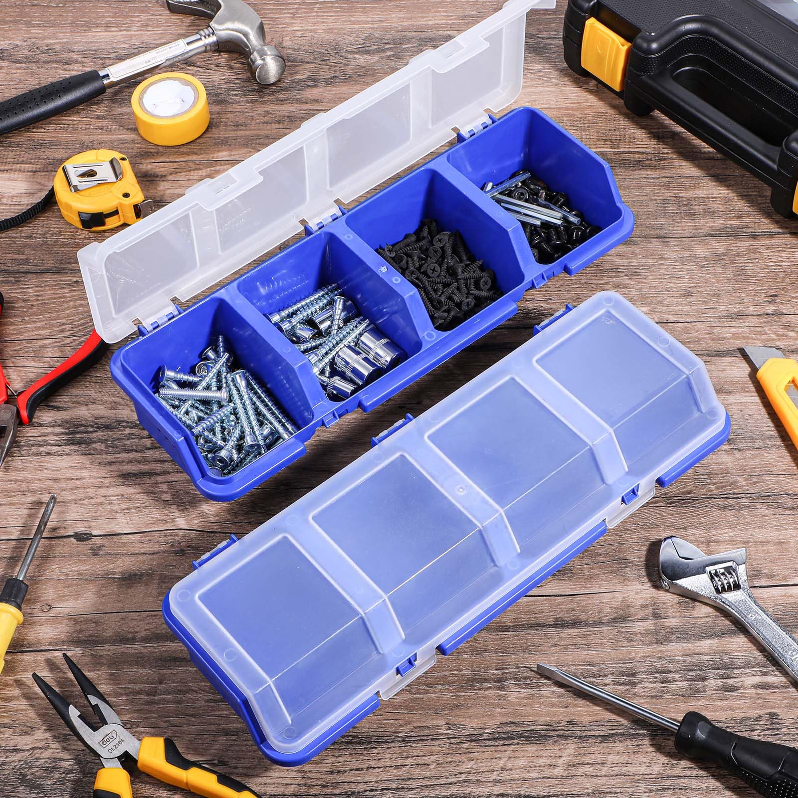 Yuanchu 6 scatole organizer a vite con coperchi, in plastica, impilabili, contenitori divisori, contenitori per garage, chiodi, attrezzi, carrelli, armadietti, cassetti