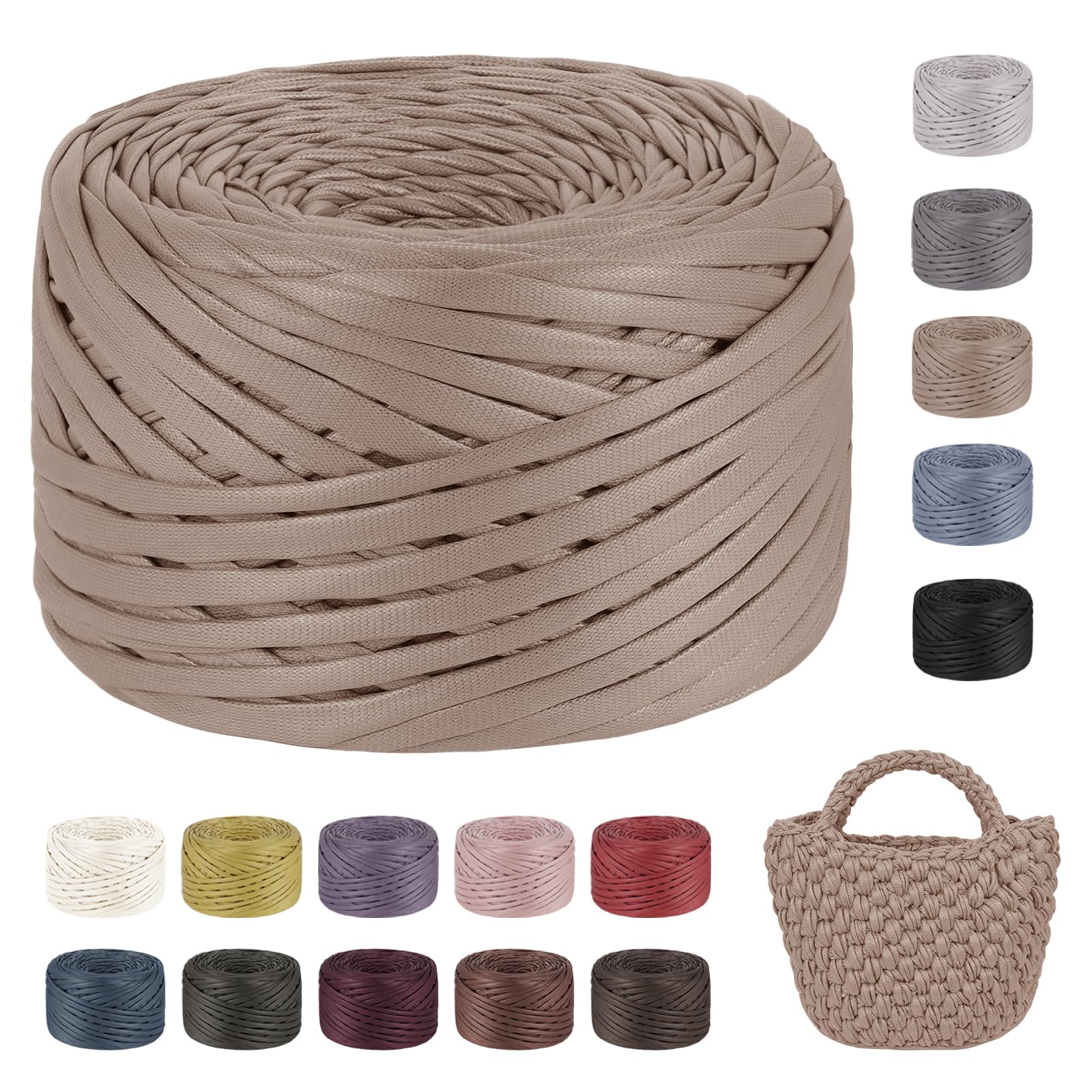 LEREATI Tshirt Yarn for Crocheting 200g/90m Single-Side Faux Leather Looking Fabric, Soft Polyester Cloth Ribbon T Shirt Yarn for Crocheting Baskets Bags Rugs Home Decor DIY Crafts (Khaki)