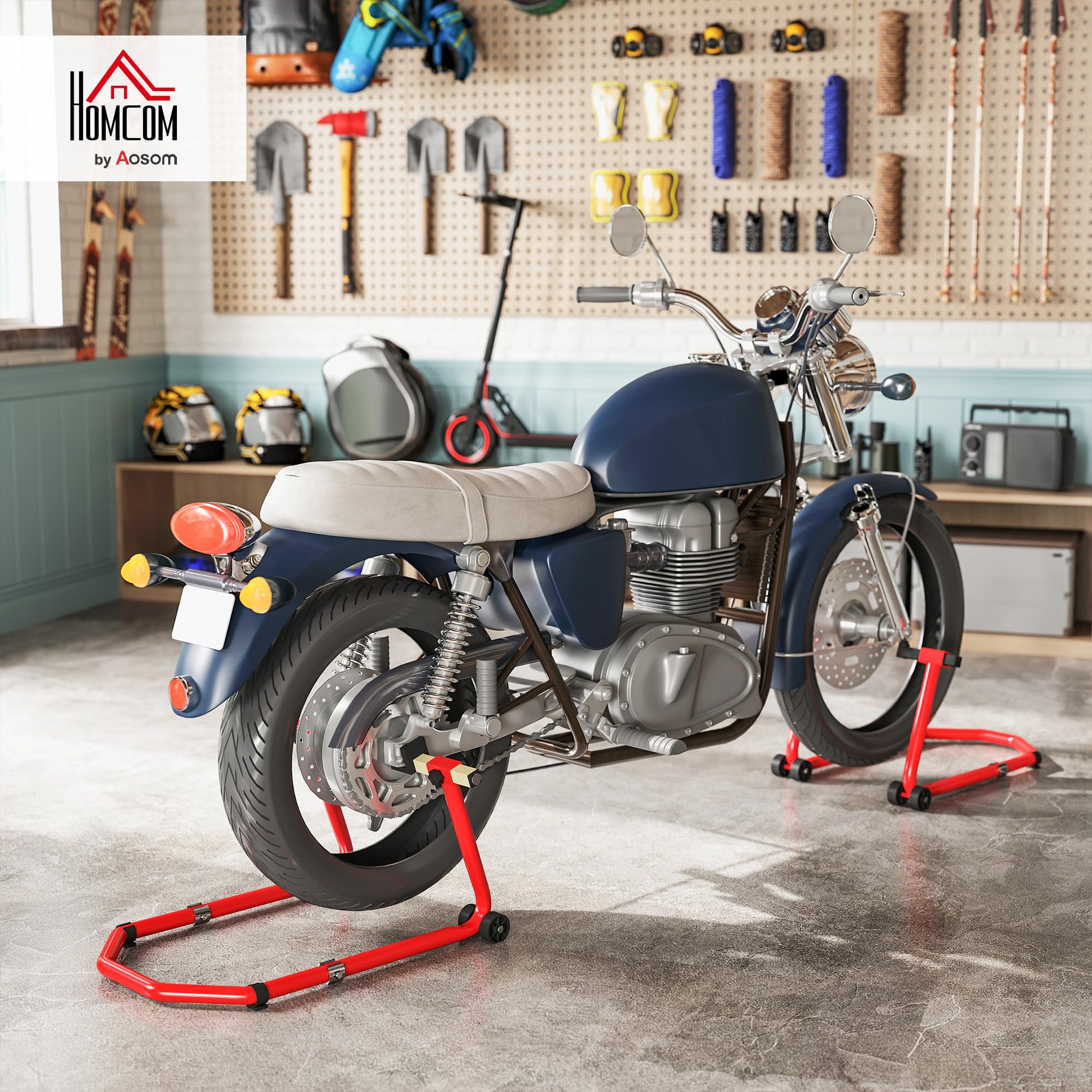 HOMCOM Caballete Moto Elevador Universal Carga 390 kg Combo Soporte de Rueda Delantera y Trasera Motocicleta con Adaptadores de Horquillas en U y L Ajustables y Ruedas para Reparación y Mantenimiento