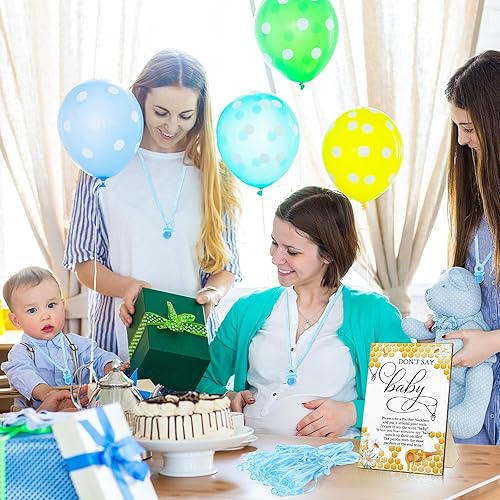 Miniatura 6 de Geetery 51 piezas de letrero de juego de Baby Shower Cool Baby Shower Game 50 collares de madera con texto en inglés "Don't Say Baby" (abeja, azul)