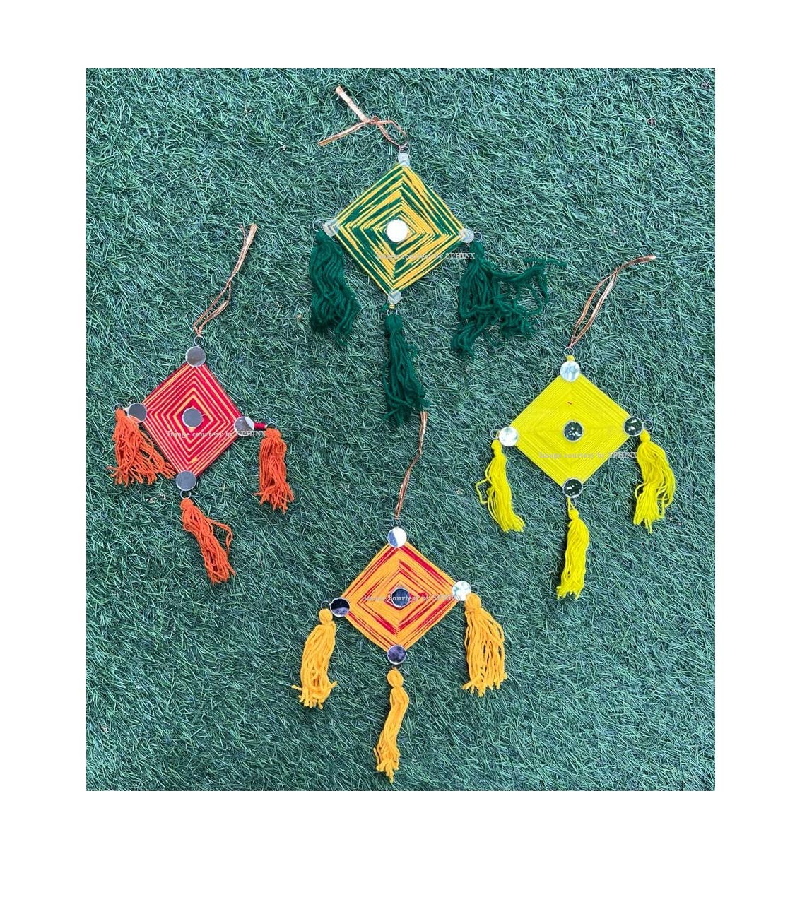 SPHINX Woolen Colorful Decorative Kites, Pom pom Dream catchers, pom pom round wall hangings for backdrops Festive Pooja Wedding Housewarming Diwali Decorations – (Small Decorative Kites, 5 Pieces)