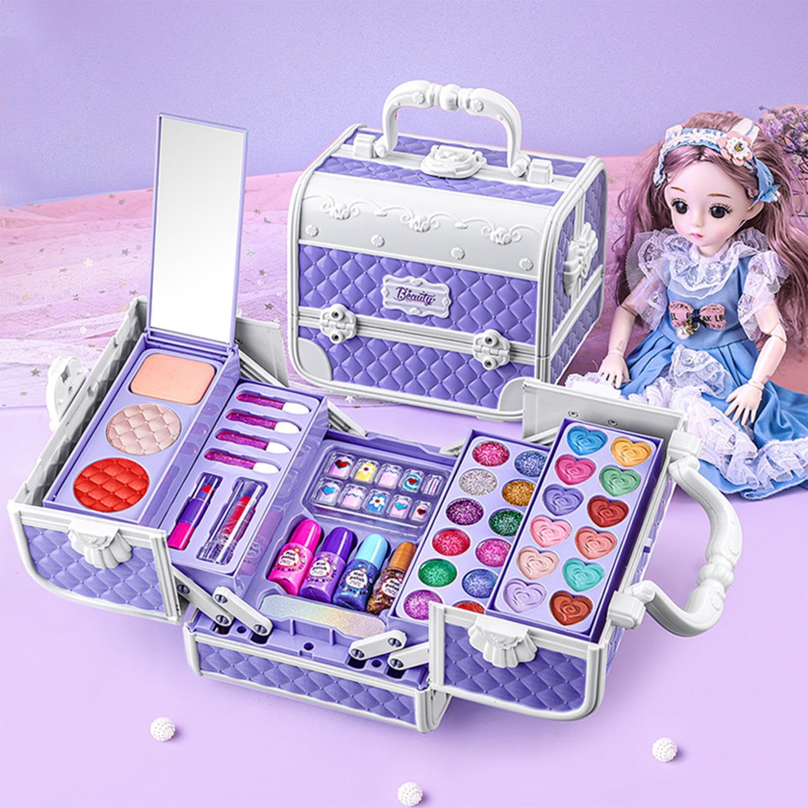 Set di trucco per bambini - Astuccio cosmetico colorato viola fantasy | giocattolo per il trucco lavabile | Set di bellezza per il trucco lavabile, 43 pezzi, principessa viola con manico, giocattol