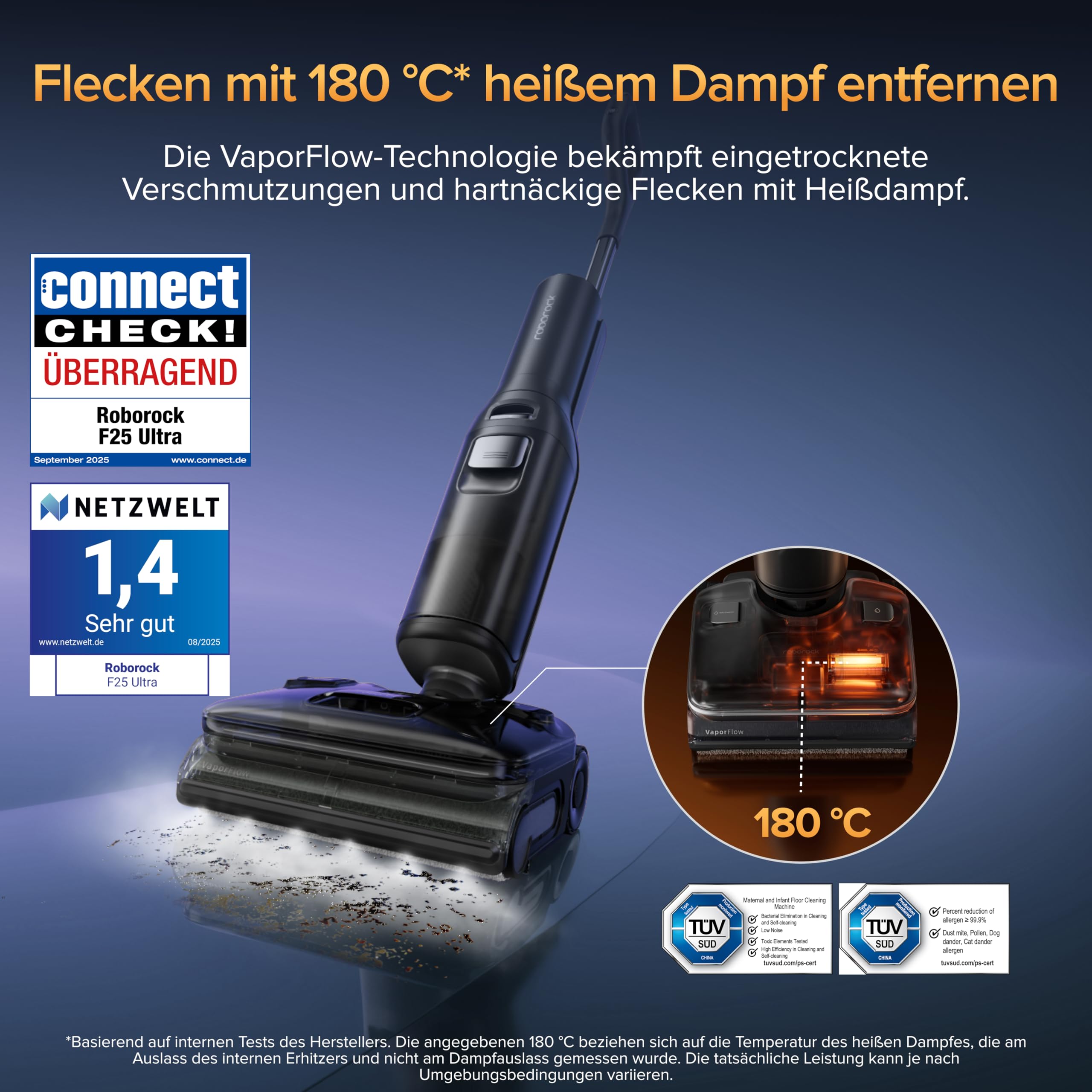 roborock F25 Ultra Nass Trockensauger mit Dampf, 180 °C Dampfmopp, 86 °C Heißwasser Saugwischer, 22kPa Staubsauger mit Wischfunktion, 90°C Selbstreinigung, 180° flache, KI-unterstütze Räder, Blaulicht