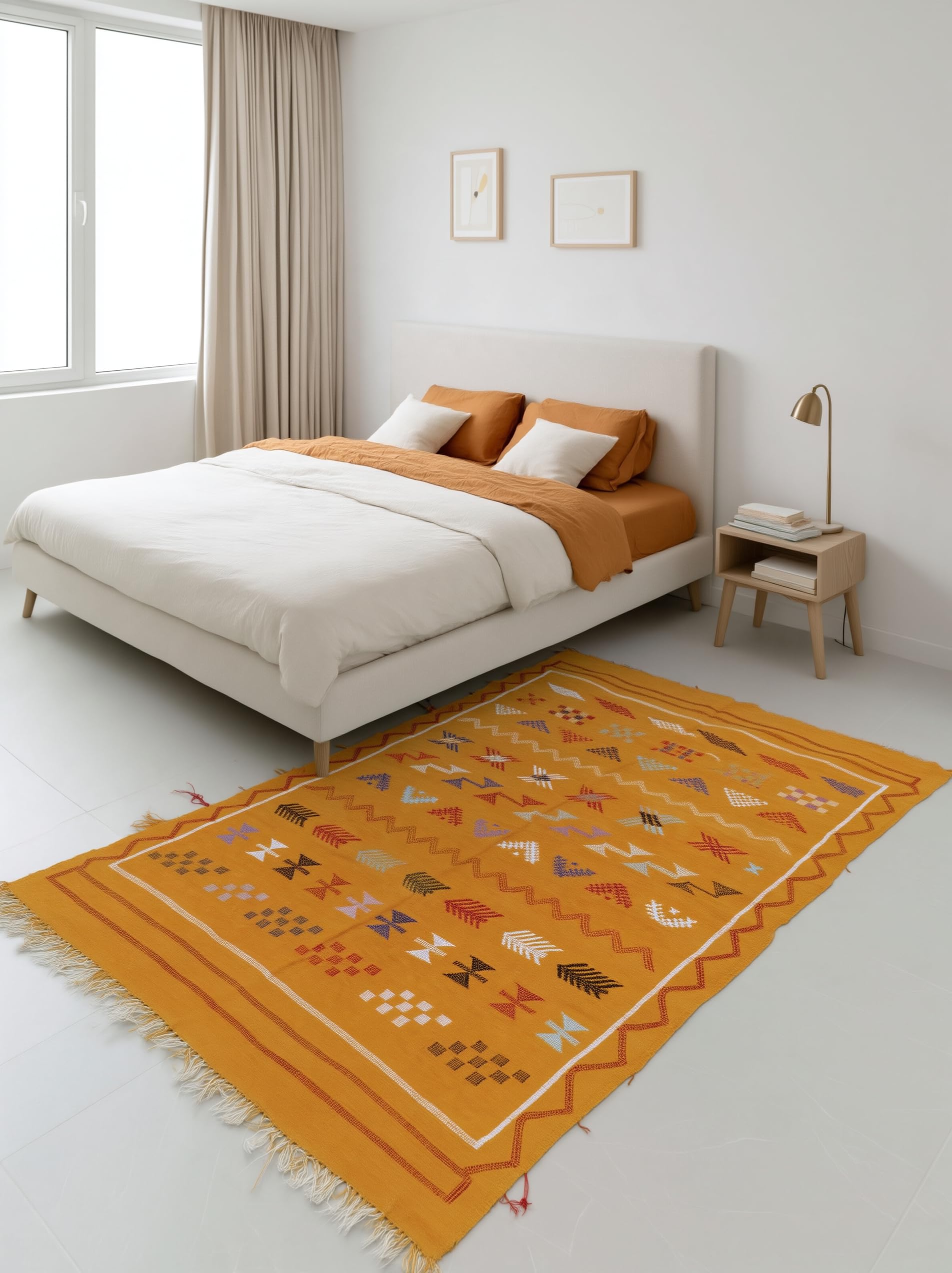 Tapis Berbère Marocain Orange Ocre - Tapis Kilim Tissé Motifs Ethniques Multicolores - Tapis Fait Main Franges - Style Boho Chic pour Salon, Chambre, Couloir, Entrée
