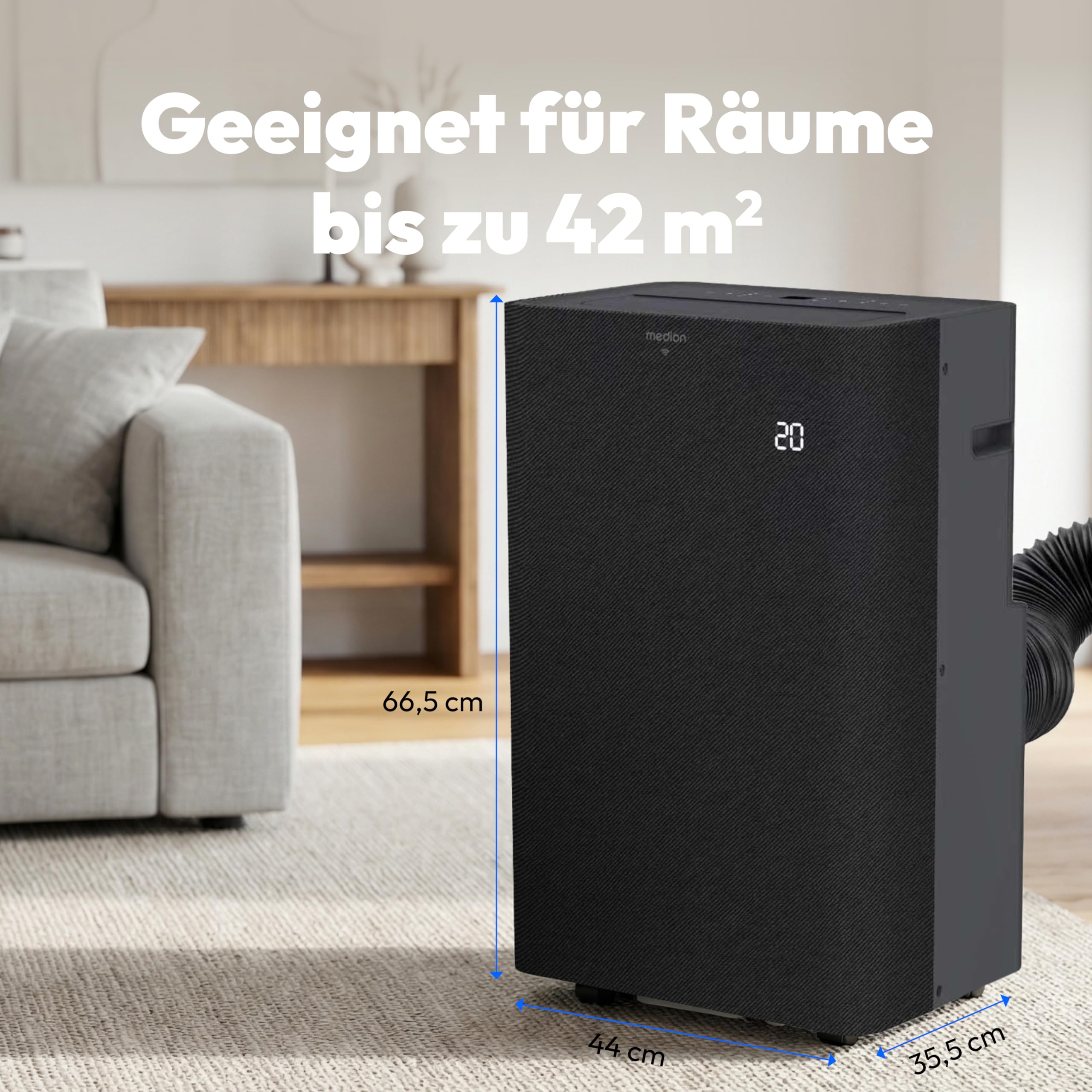 MEDION Smarte Mobile Klimaanlage mit Abluftschlauch P1202 (12000 BTU, mobil, inkl. Fensterabdichtung, bis 42m², 3in1 Kühlen Entfeuchten Ventilieren, App- und Sprachsteuerung, Schlafmodus