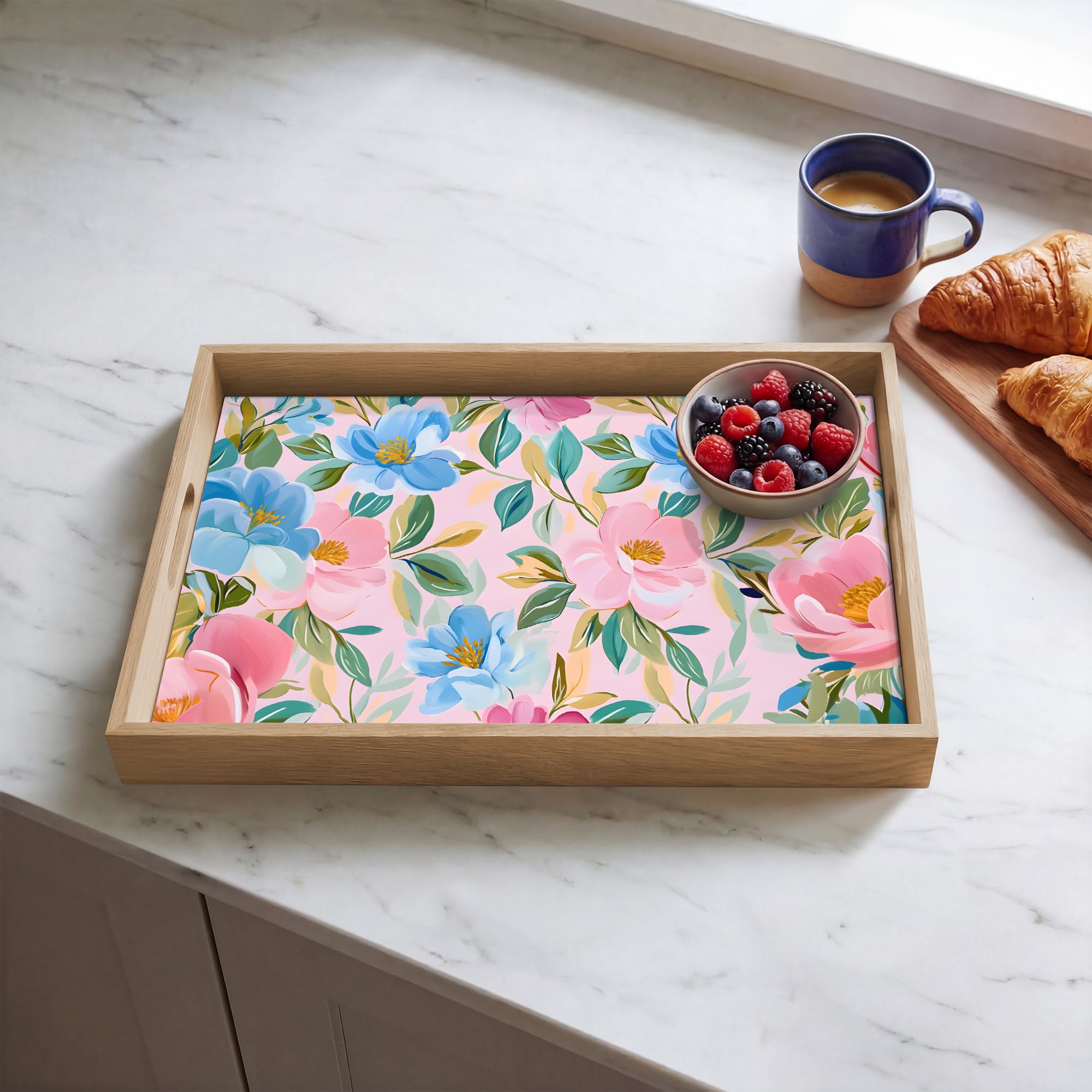 Bandeja De Madera Rectangular 50x35 cm Bandejas para Servir Comida Desayuno Decorativas Roble Cocina Tabuleiro Cafe Decoracion Azul - Rosa - Flores
