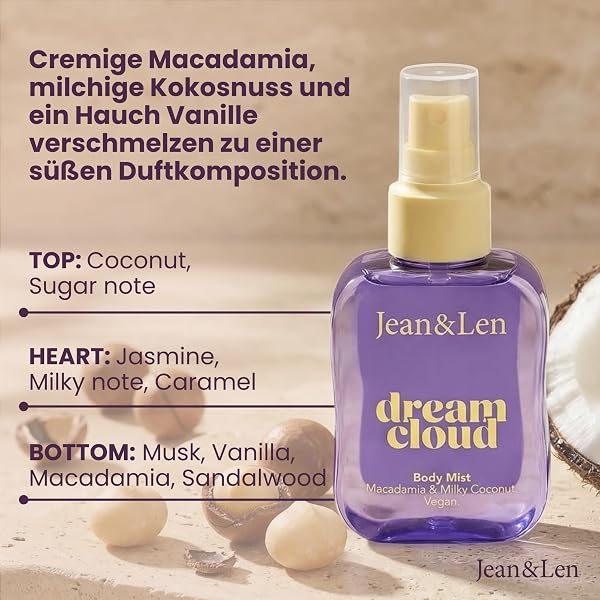 Jean & Len Body Mist Dream Cloud, cremig-sanfter Duft nach Macadamia, Vanille & Karamell, mit Panthenol & Vanille-Extrakt, langanhaltend, Bodyspray vegan, 100 ml - 4