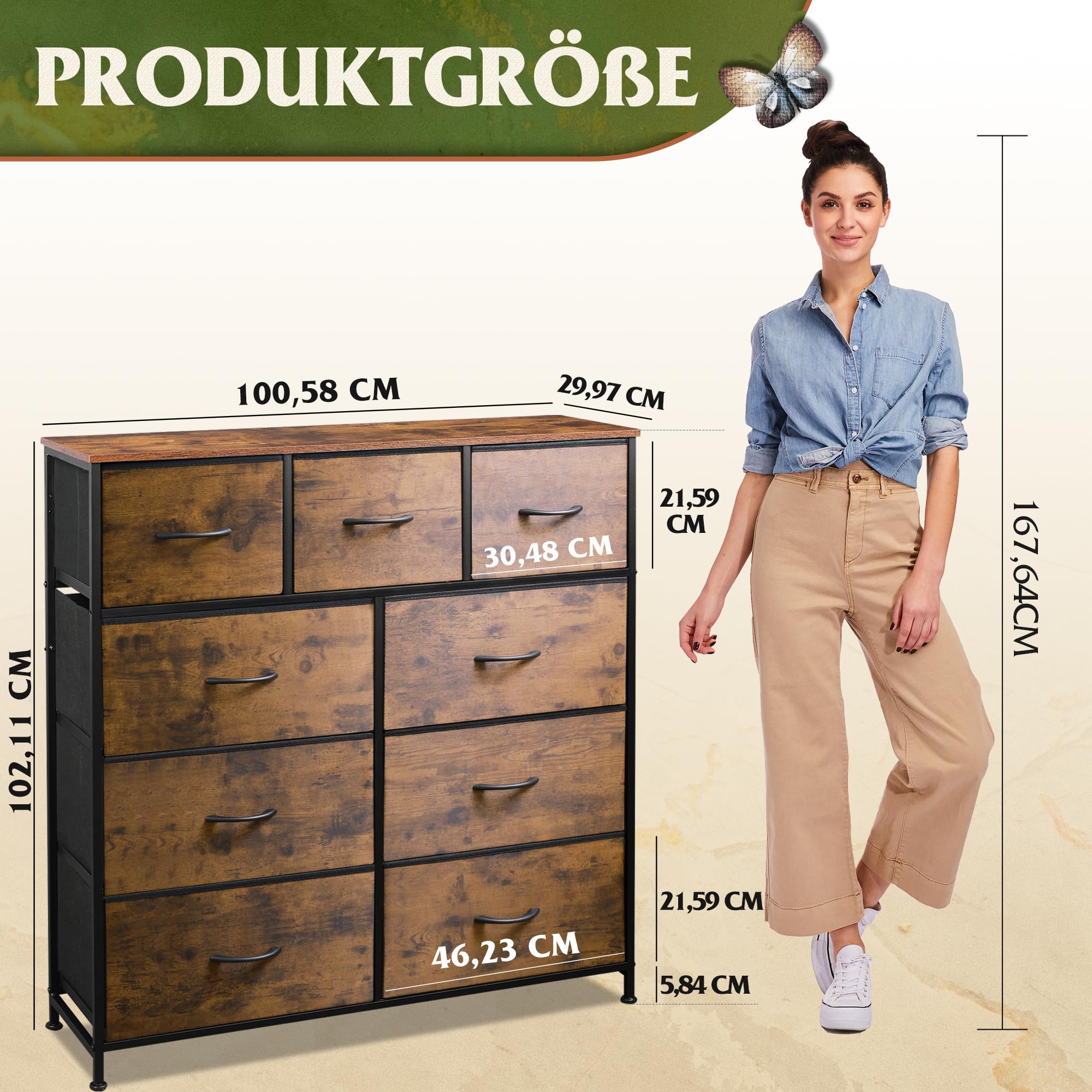 WLIVE Kommode mit 9 Schubladen aus Stoff, Kommodenschrank für Schlafzimmer, Kommode Wohnzimmer, mit Stabiler Stahlrahmen, Vintagebraun-Schwarz